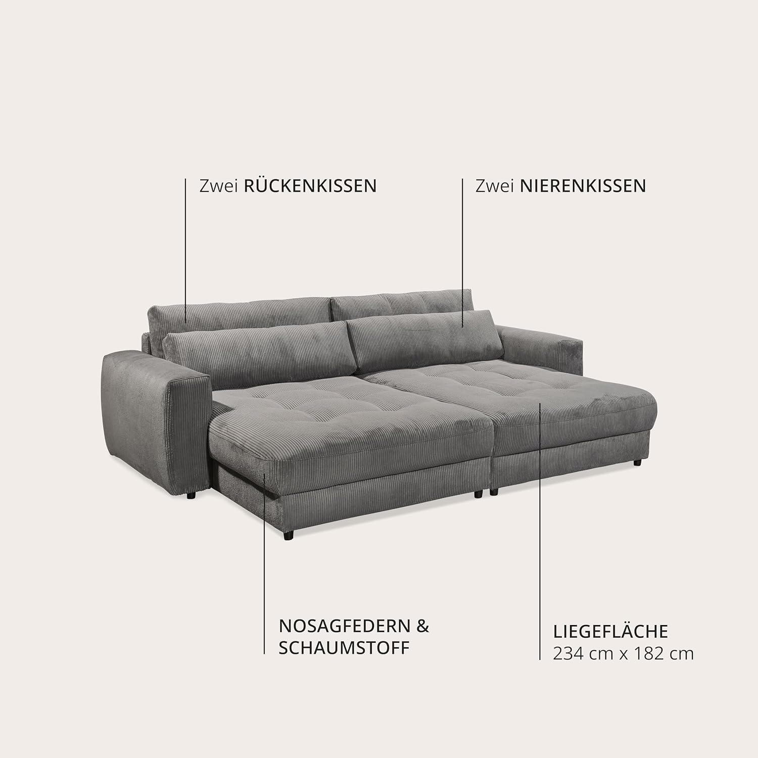 Big Sofa BARURA Cord dunkelgrau – XXL Couch mit großer Liegefläche, modernes Sofa 292x194 cm inklusive Nierenkissen