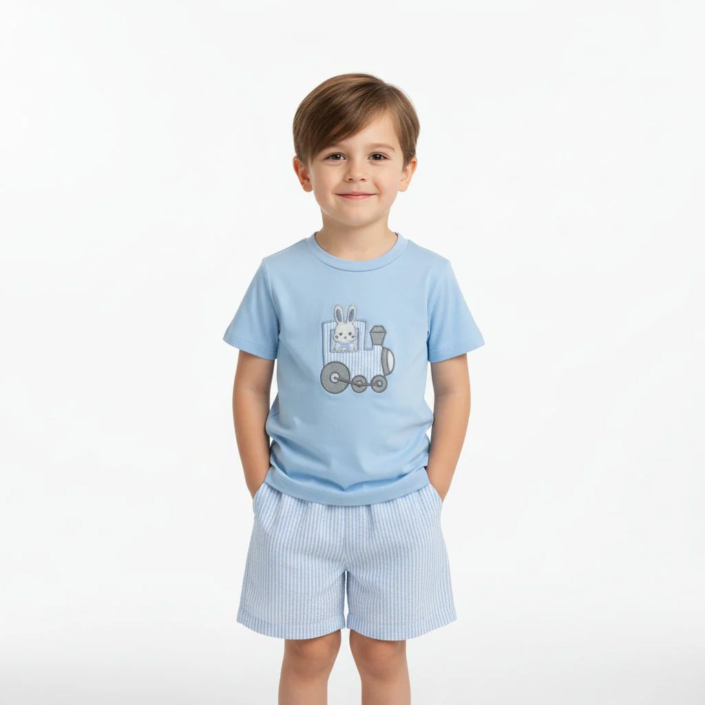 Blue Train T-Shirt and Seersucker Shorts Set