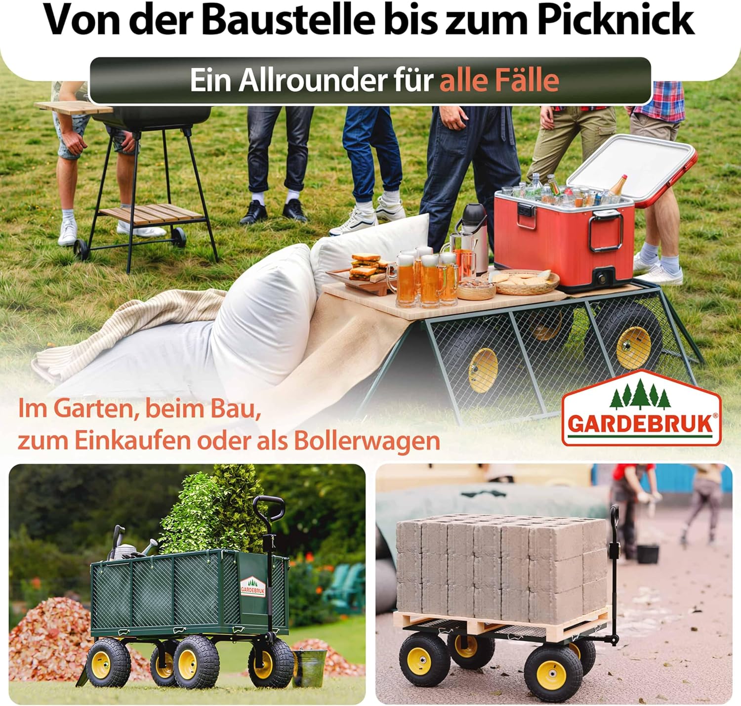 GARDEBRUK® Bollerwagen 550kg Belastbar Klappbar Stabil Herausnehmbare Plane Gerätewagen Handwagen Garten Gartenkarre Gartenwagen Transportwagen Karre