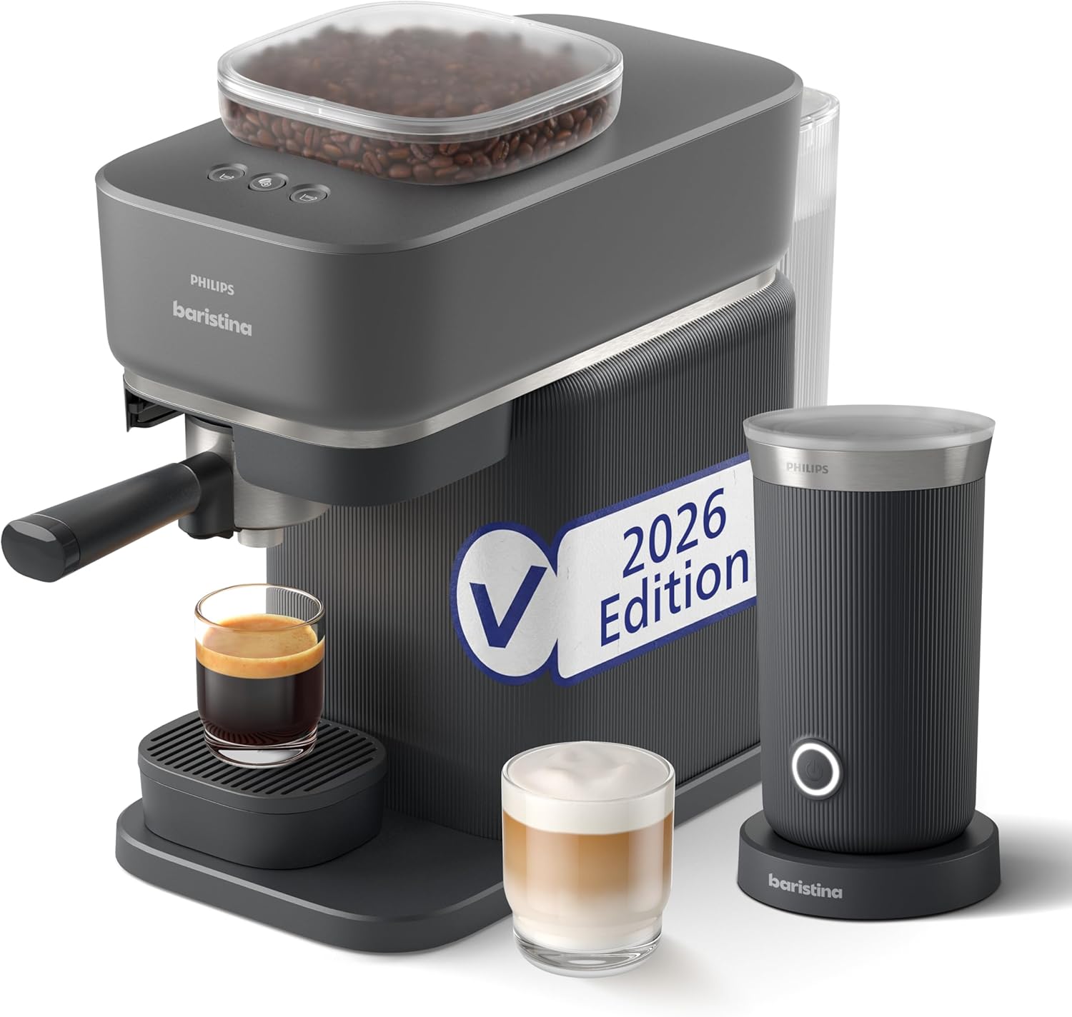 Baristina Espressomaschine und Milchaufschäumer Paket –Automatisches Mahlen, Tampen & Brühen, 16 Bar, Kaffeemaschine mit Mahlwerk & Siebträger, leichte Reinigung, Schwarzgrau (BAR308/60)