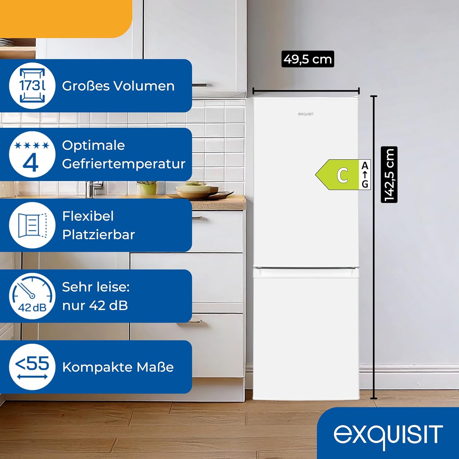 Exquisit Kühl-Gefrierkombination KGC5232-60-E-040C | 173 l Nutzinhalt, Energieklasse C, 40 dB, Wechselbarer Türanschlag, Automatische Abtauung, 142,5 cm, Weiß