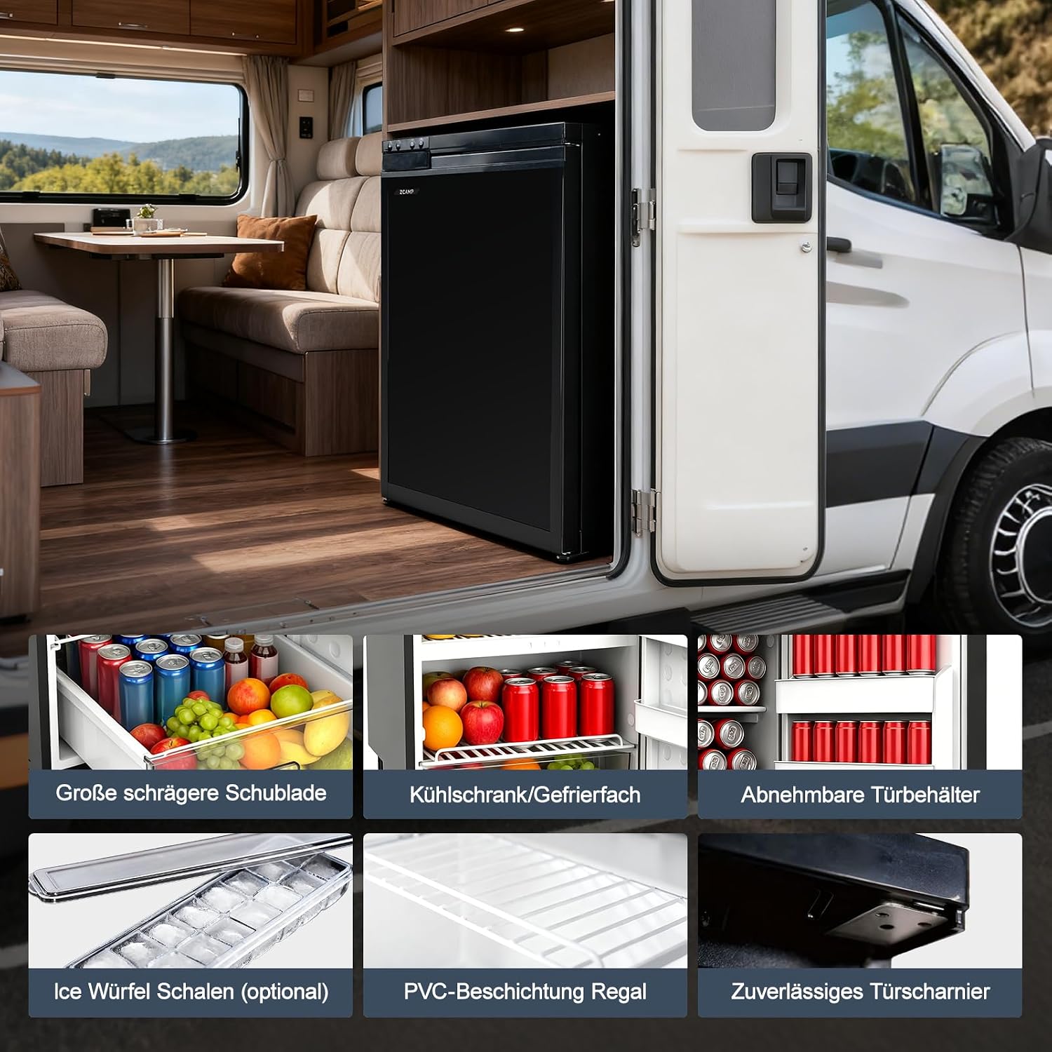 CR65S 59L, Frigo 12V Camping Car Porte Réversible,Réfrigérateur Silencieux pour Camping Voiture Chambre Caravane, Noir, -20℃ BIS 20℃