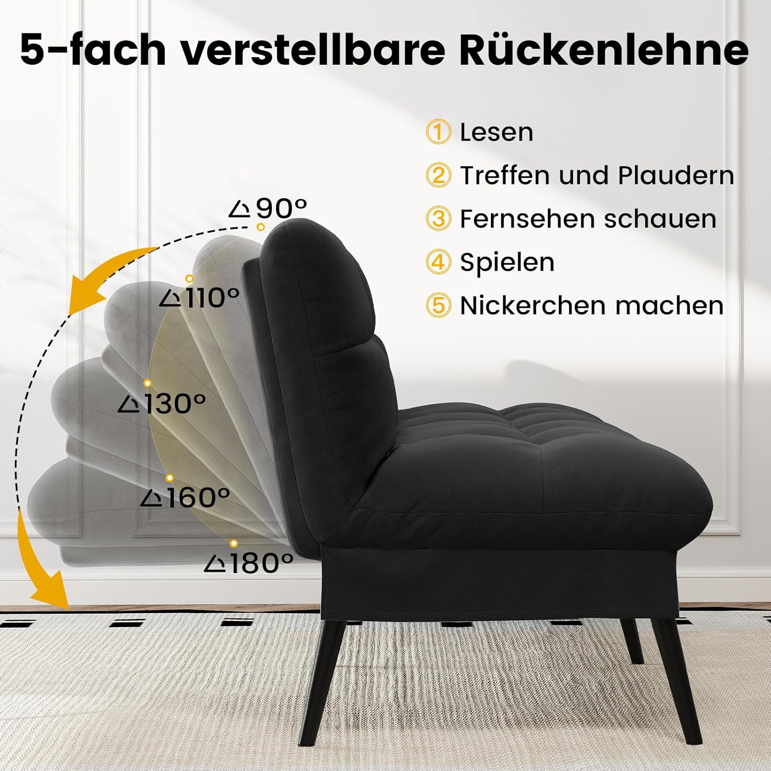 LUCKRACER Sofa 3 Sitzer Sofa Schlafsofa mit Schlaffunktion, überzug Futon Klappsofa, Bettcouch, ecksofa, Couch, 5 Verstellbare Winkel, Ideal für Wohnungen Wohnzimmer aus Stoff Schwarz