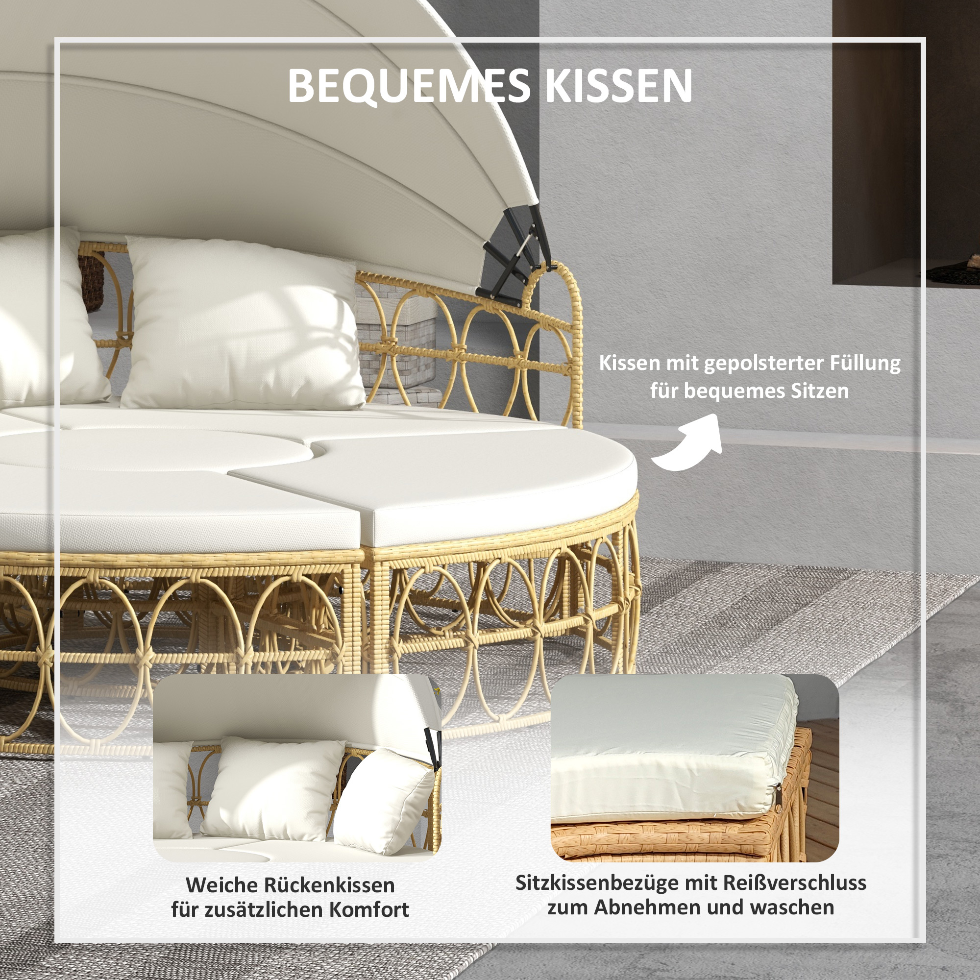Outsunny Loungeset met uitschuifbaar dak, 4-delig, inclusief 5 kussens, rattanlook, 178B x 85T x 66,5H cm, beige