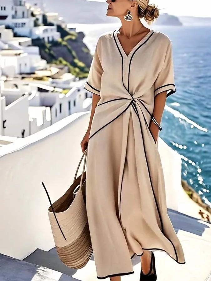 Sommer-Maxikleid f��r Damen mit V-Ausschnitt und Twist-Front