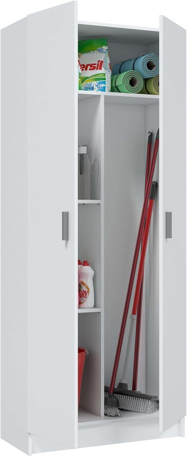 Habitdesign Multi-Purpose Wardrobe, Broom 2 Doors 3 Shelves, 180 x 73 x 37 cm (H x W x D – cm), Matt White