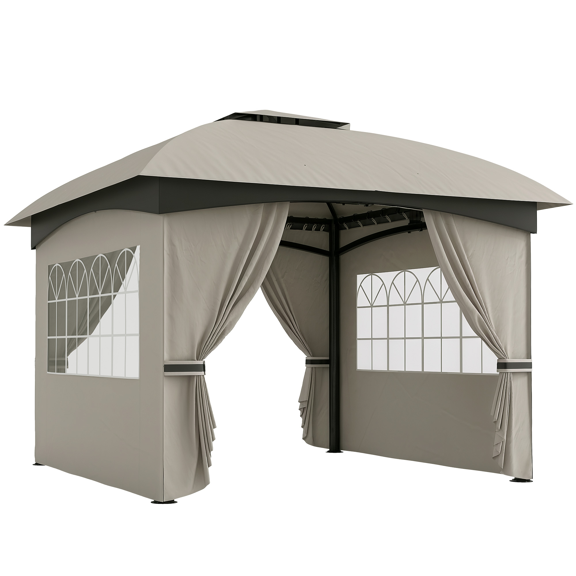 Outsunny 3,4 x 3,4 m Tuinpaviljoen, Feesttent met Ventilatiedak, Boogvensters, Stalen Frame, Lichtgrijs