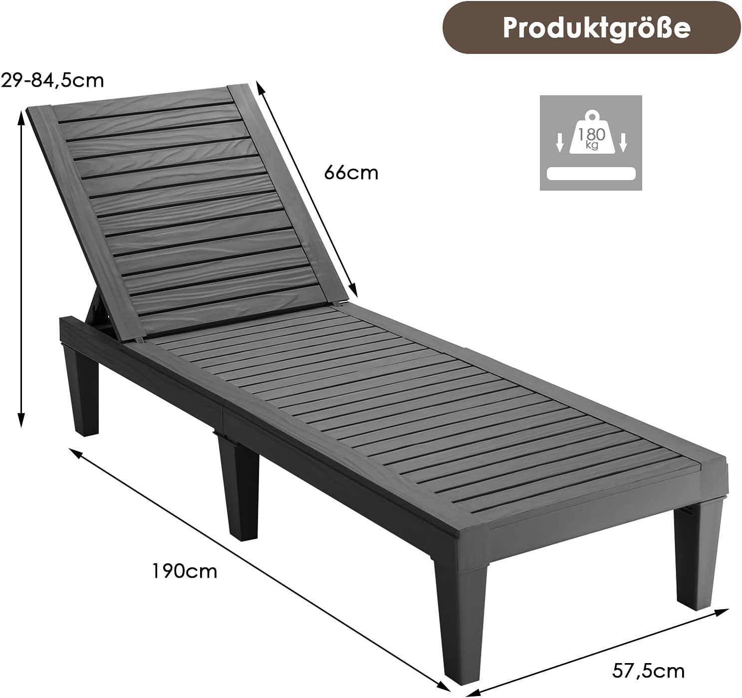 COSTWAY 2er Set Sonnenliege Kunststoff wetterfest, Gartenliege mit Verstellbarer Rückenlehne, Balkonliege, Terrassenliege Holzoptik, Liegestuhl bis 180 kg belastbar für Garten, Terrasse, Schwarz