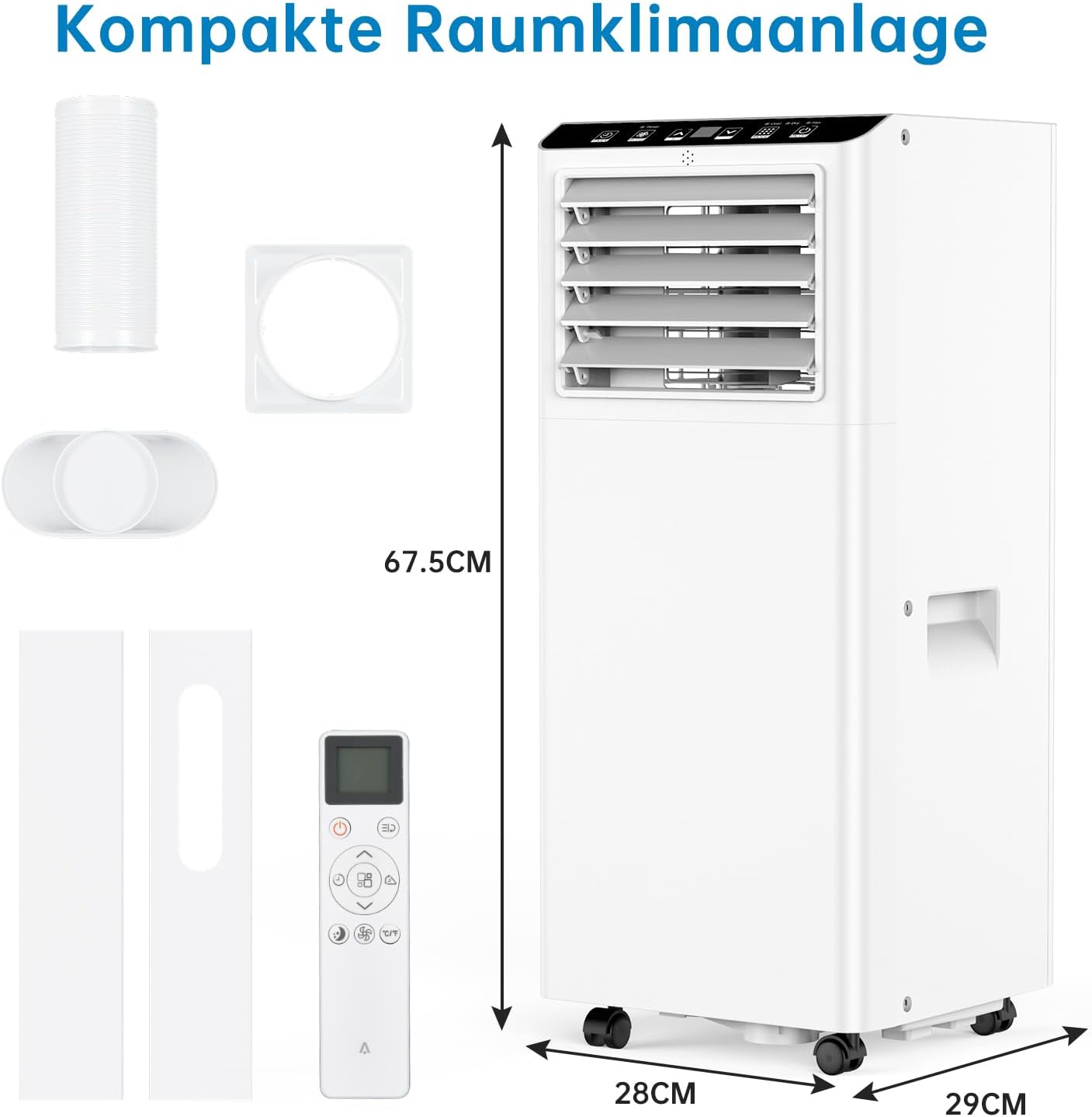 Tragbare Klimaanlage, mobiles Klimagerät 7000BTU, Kühlfunktion, Belüftung und Entfeuchtung, 2 Geschwindigkeitsstufen, Timer, 24 Fernbedienung, R290, ohne Außeneinheit