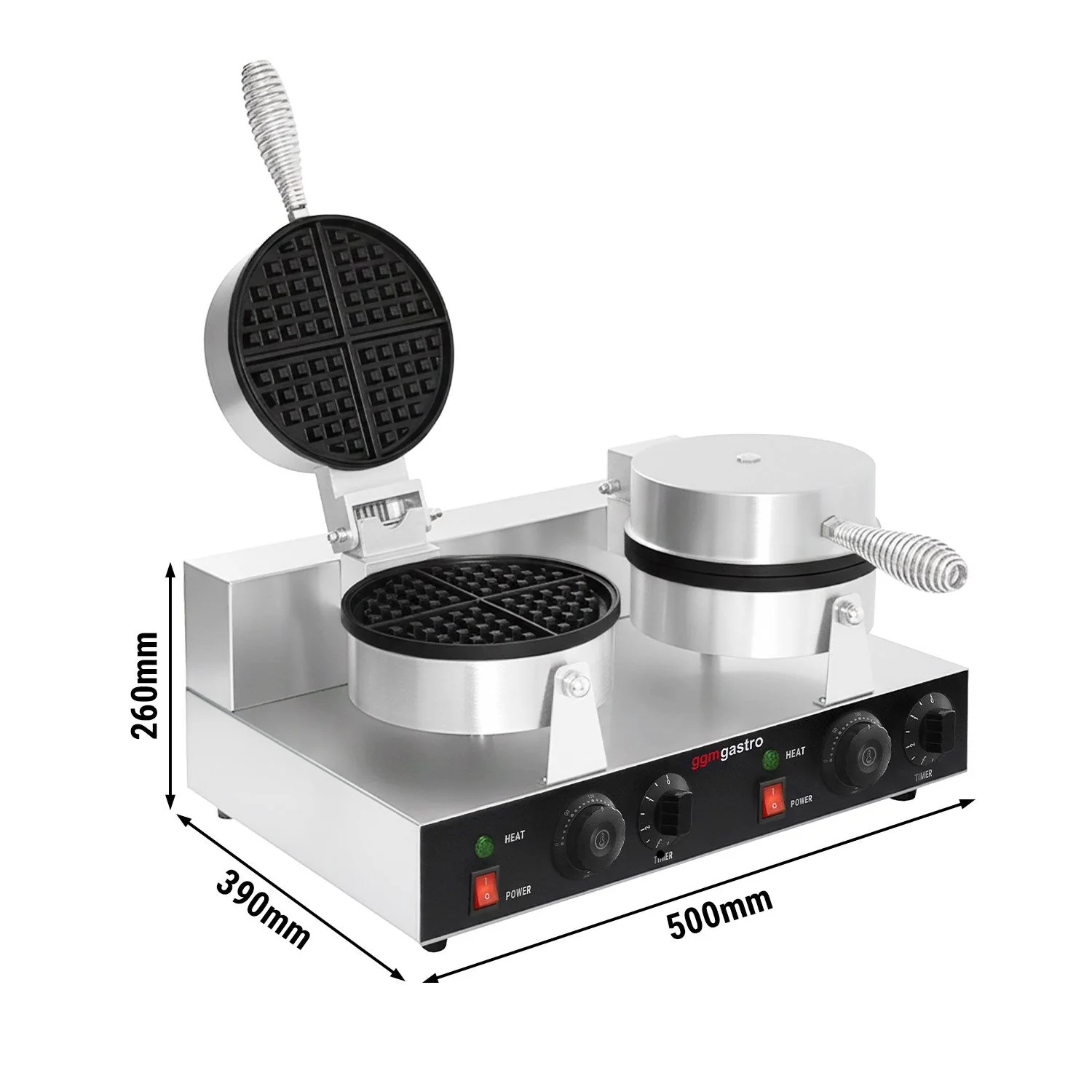 Vaffeljern - dobbelt - mekanisk termostat - 2,60 kW - Form: Belgiske vafler rund - ? 180 mm - st?pejernsplater med non?stick?belegg