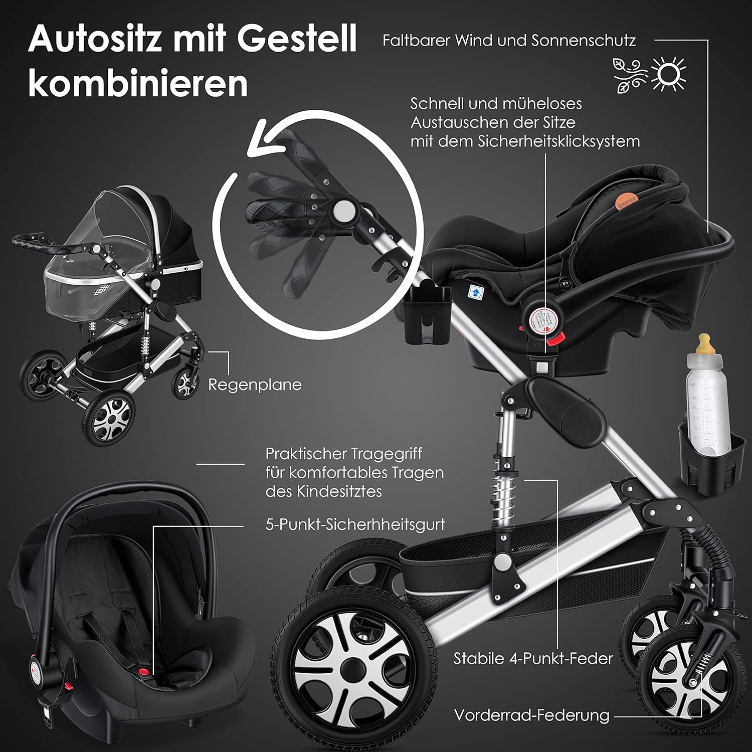 KESSER® Loops 3 in 1 Kinderwagen Kombikinderwagen Komplett-Set inkl. Babywanne & Buggy Sportsitz & Auto-Babyschale Voll-Gummireifen Wickeltasche Regenschutz Kindertisch ECE R129, Schwarz/Champagne