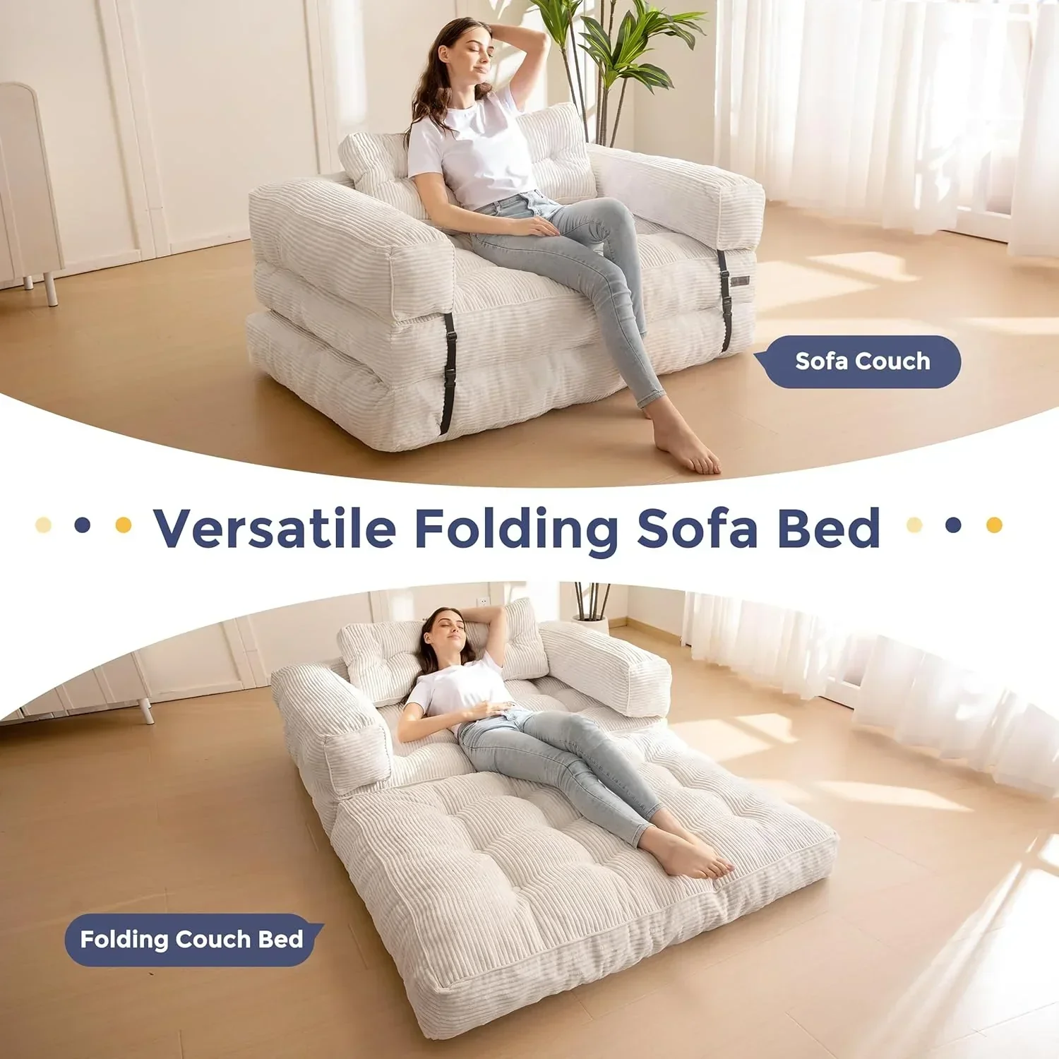 Folding Sofa Bed L-Shaped Convertible Sofa Bed with Armrests and Pillows