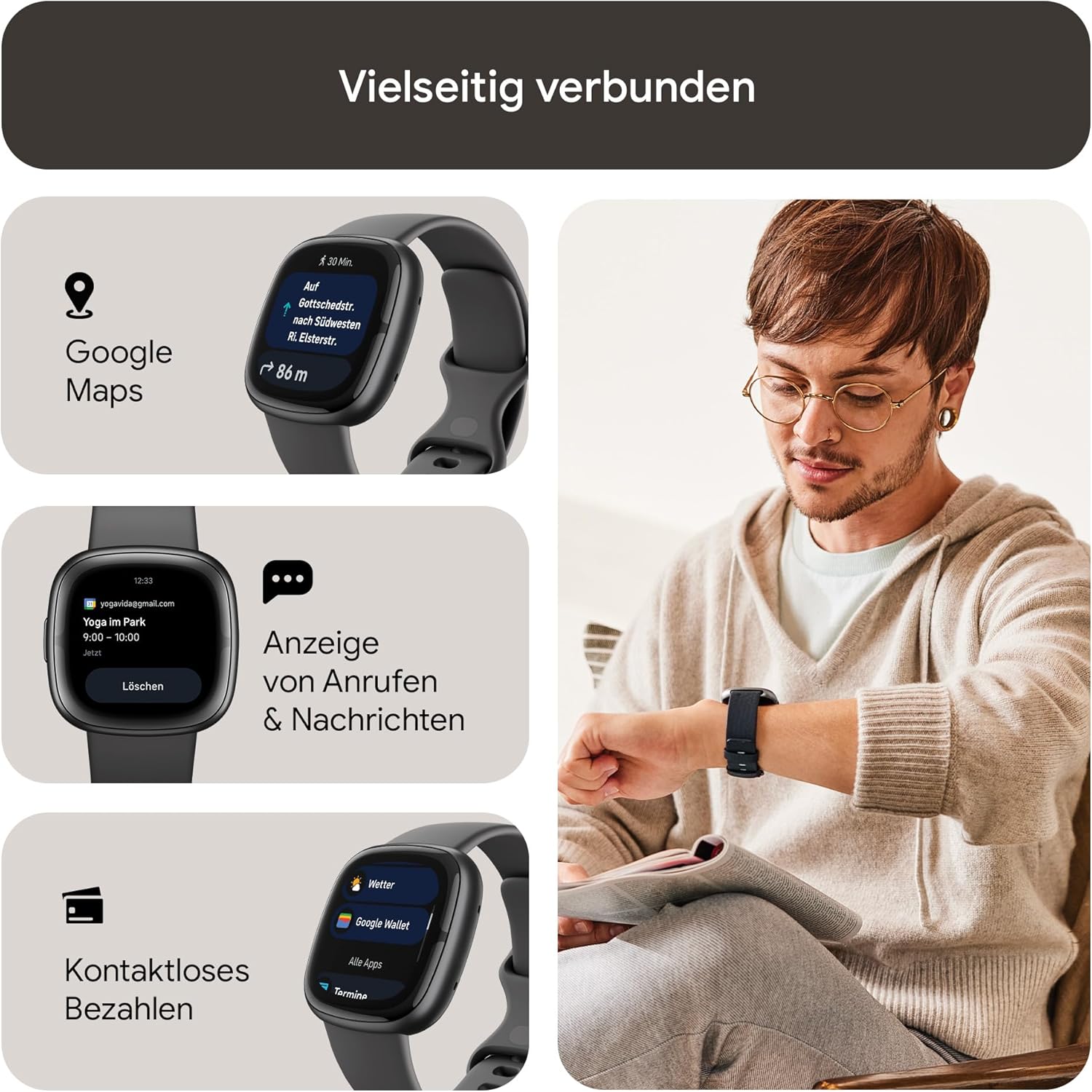 Google Fitbit Sense 2 – Smartwatch Damen / Herren – Fitnessuhr mit integriertem GPS und Telefonfunktion – Fitness-Tracking mit Stressmanagement, EKG und Schlafanalyse – kompatibel mit Android/iOS