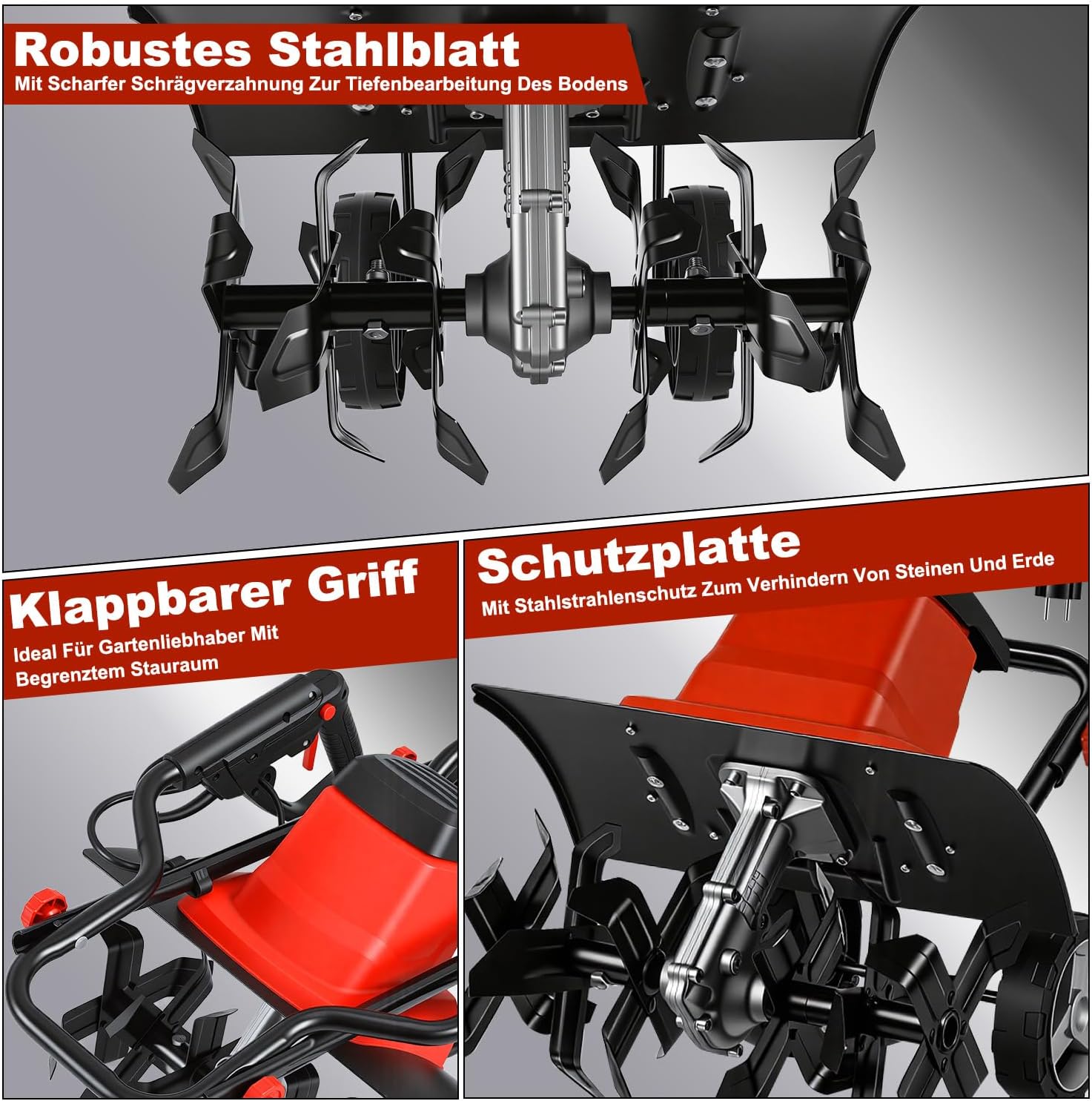 1500W Elektro Motorhacke Gartenfräse, Bodenfräse 400 mm Arbeitsbreite,220 mm Arbeitstiefe elektrische Bodenhacke Motorhacke,24 Messer zum Boden auflockern,Für Garten, Rasen und Beet