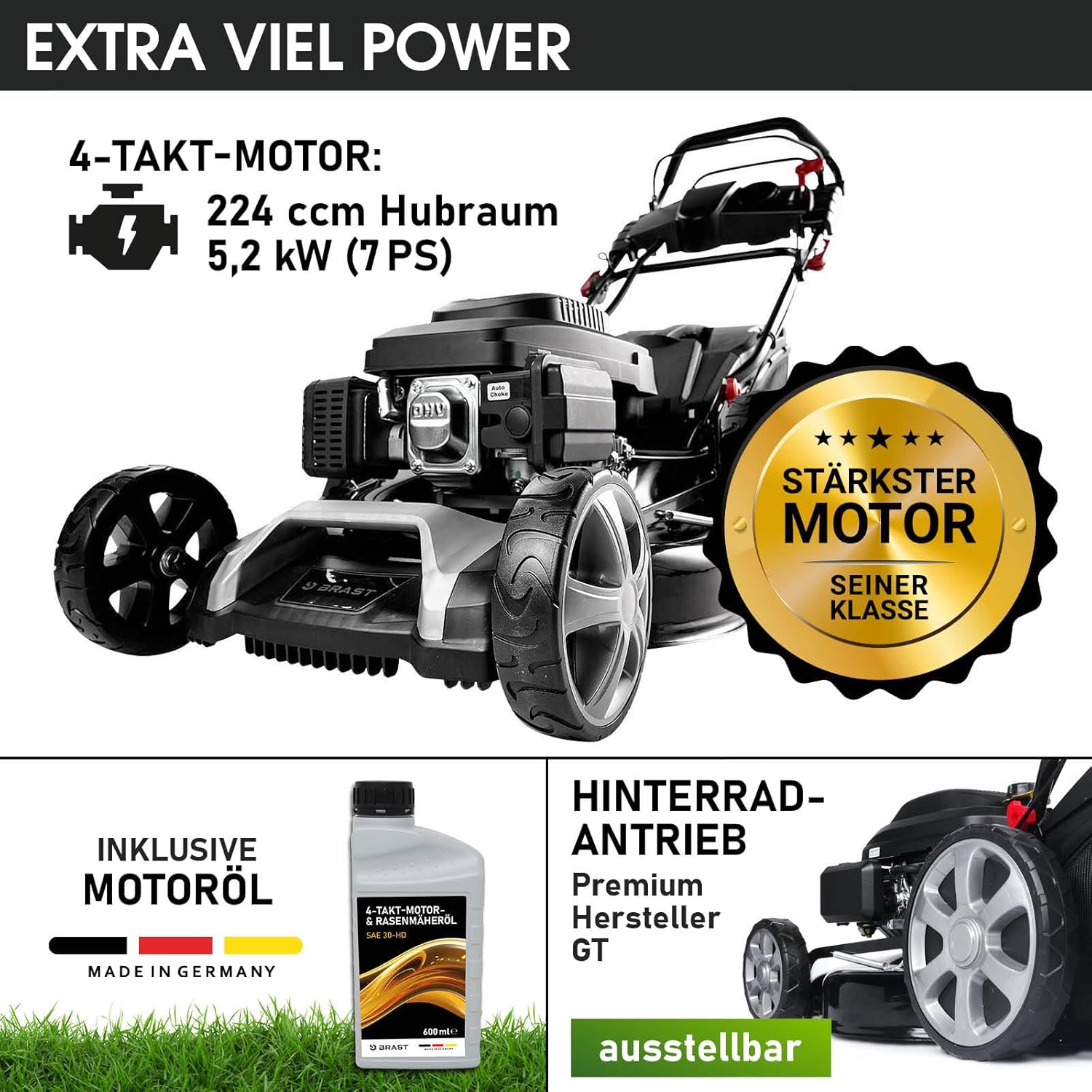 BRAST Benzin Rasenmäher mit Antrieb | 5,2kW (7PS) | 55cm Schnittbreite | viele Modelle | TÜV | 30-80mm Schnitthöhe | 60L Fangkorb | 4 Takt OHV Motor | Stahlgehäuse | Power