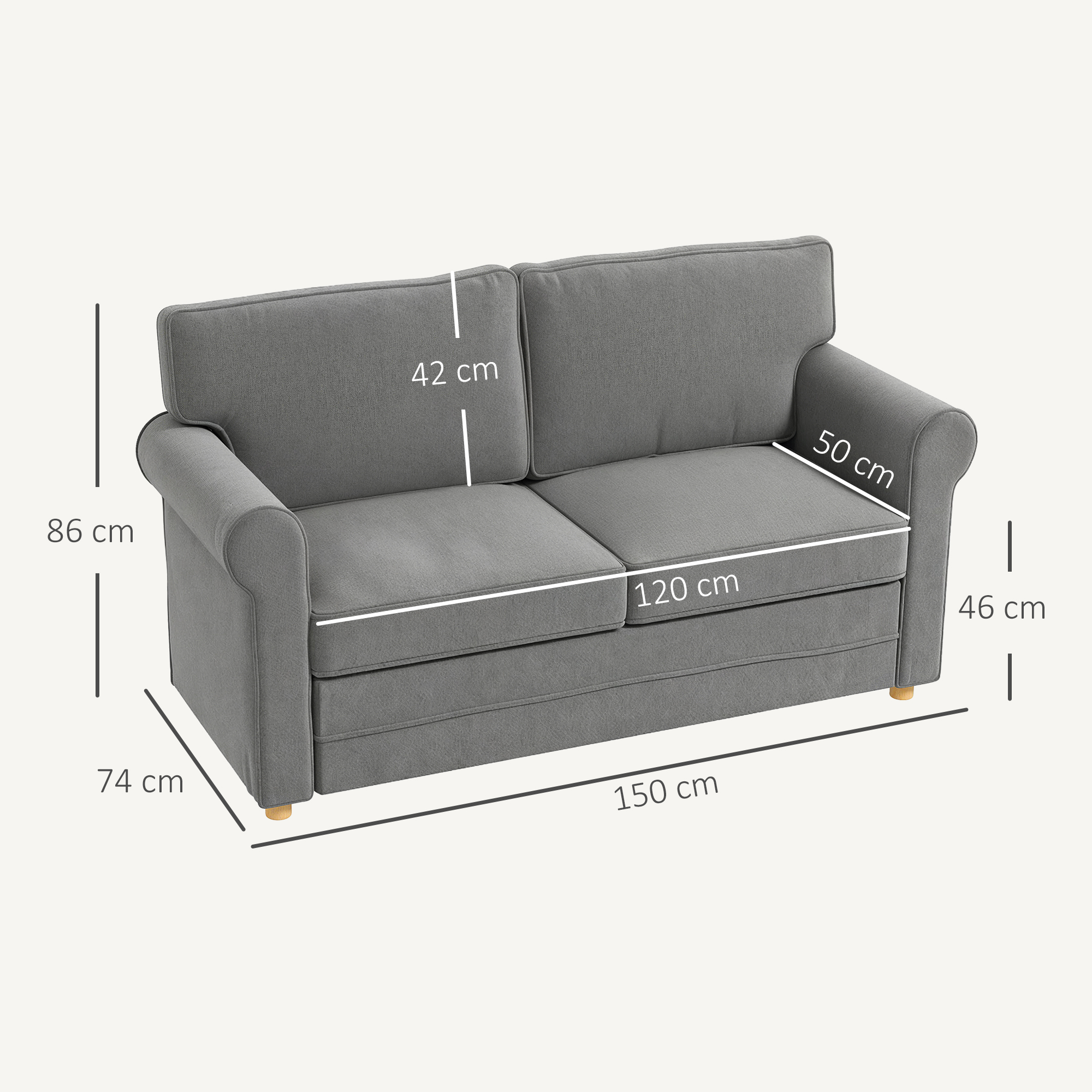2-zitsbank, Compacte Woonkamerbank, Stof in Linnenlook, Zachte Zitkussens, Stalen Frame, Donkergrijs