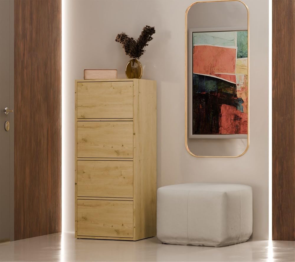 CDF Kommode Schrank Hochschrank mit 4 Türen und Einlegeböden - für Wohnzimmer Schlafzimmer Flur Büro – Grifflose Fronten – Modernes Design und langlebige Ausführung – Eiche Artisan Alma