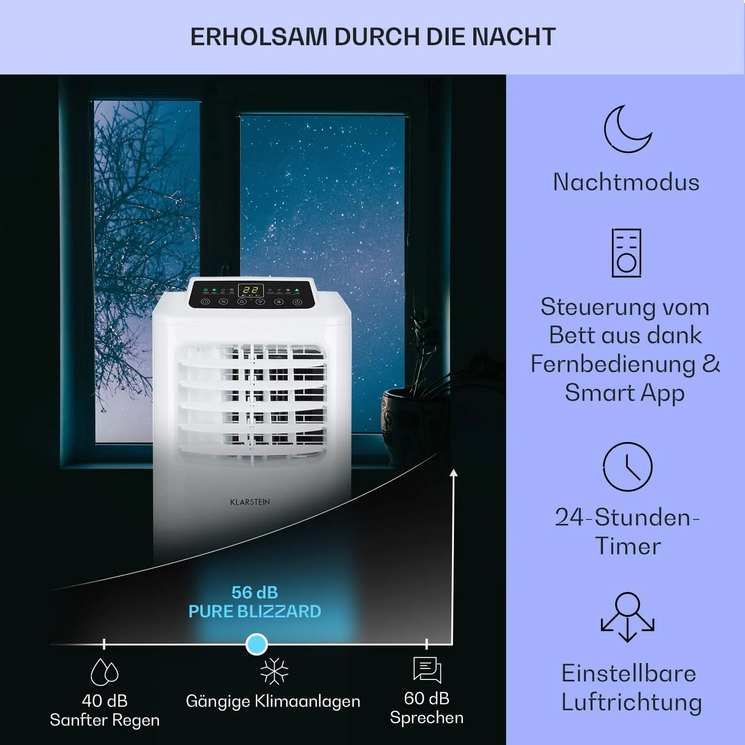 Klarstein Airconditioner, 4-in-1 Airconditioningsysteem, Luchtontvochtiger, Ventilator & Nachtmodus, Mobiele airconditioner met afvoerslang, App-bediening, Airconditioner voor ruimtes tot 44 m2, 9000 BTU, Wit
