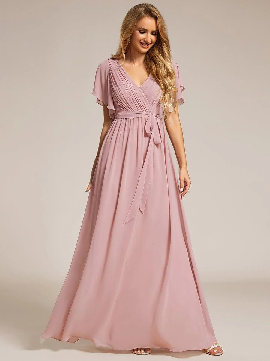 Abendkleid Damen Maxi A-Linie aus Chiffon | Festliches Kleid f��r Hochzeitsg?ste mit V-Ausschnitt und Fl��gel?rmeln