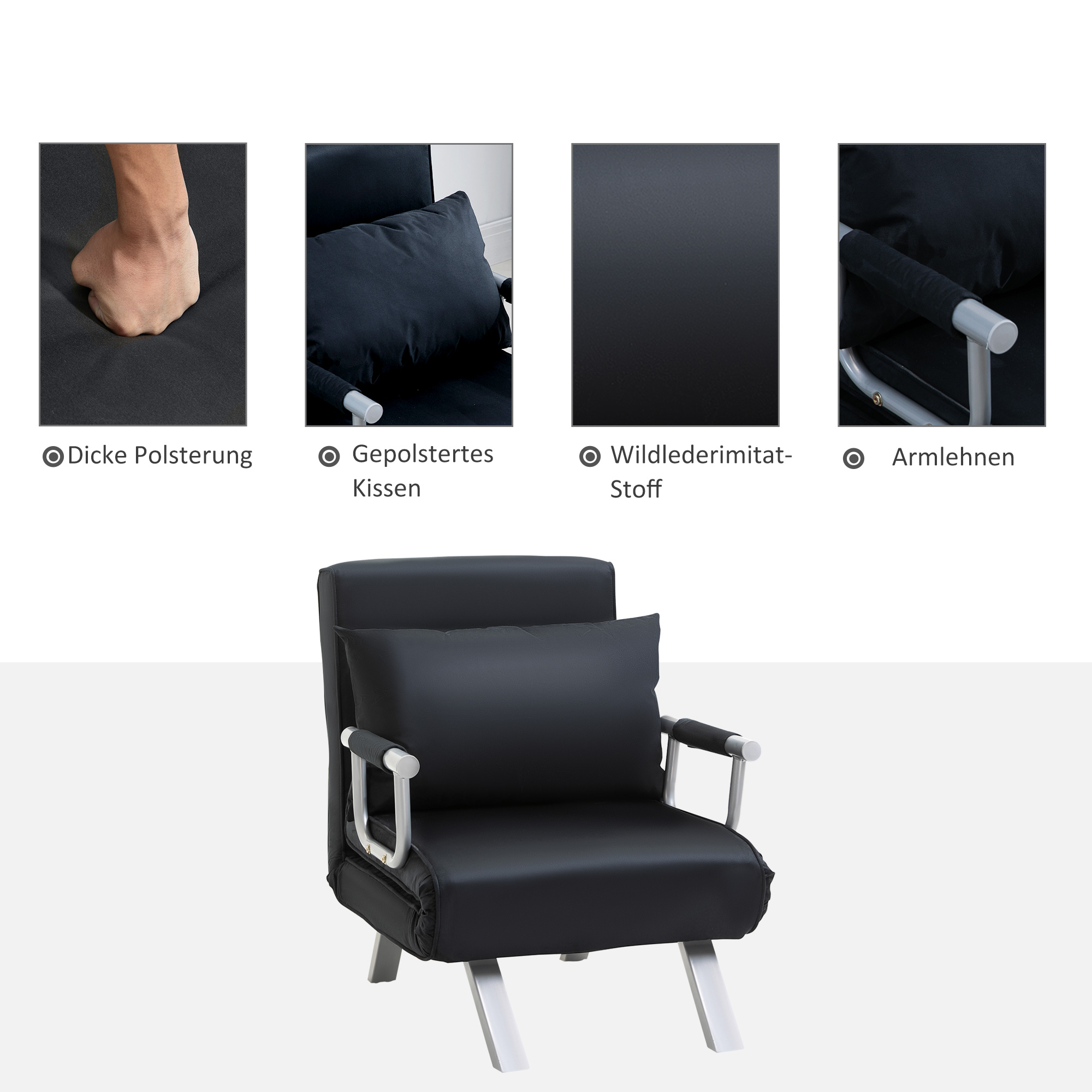 3-in-1 slaapbank, logeerbed, fauteuil inclusief kussens, zwart