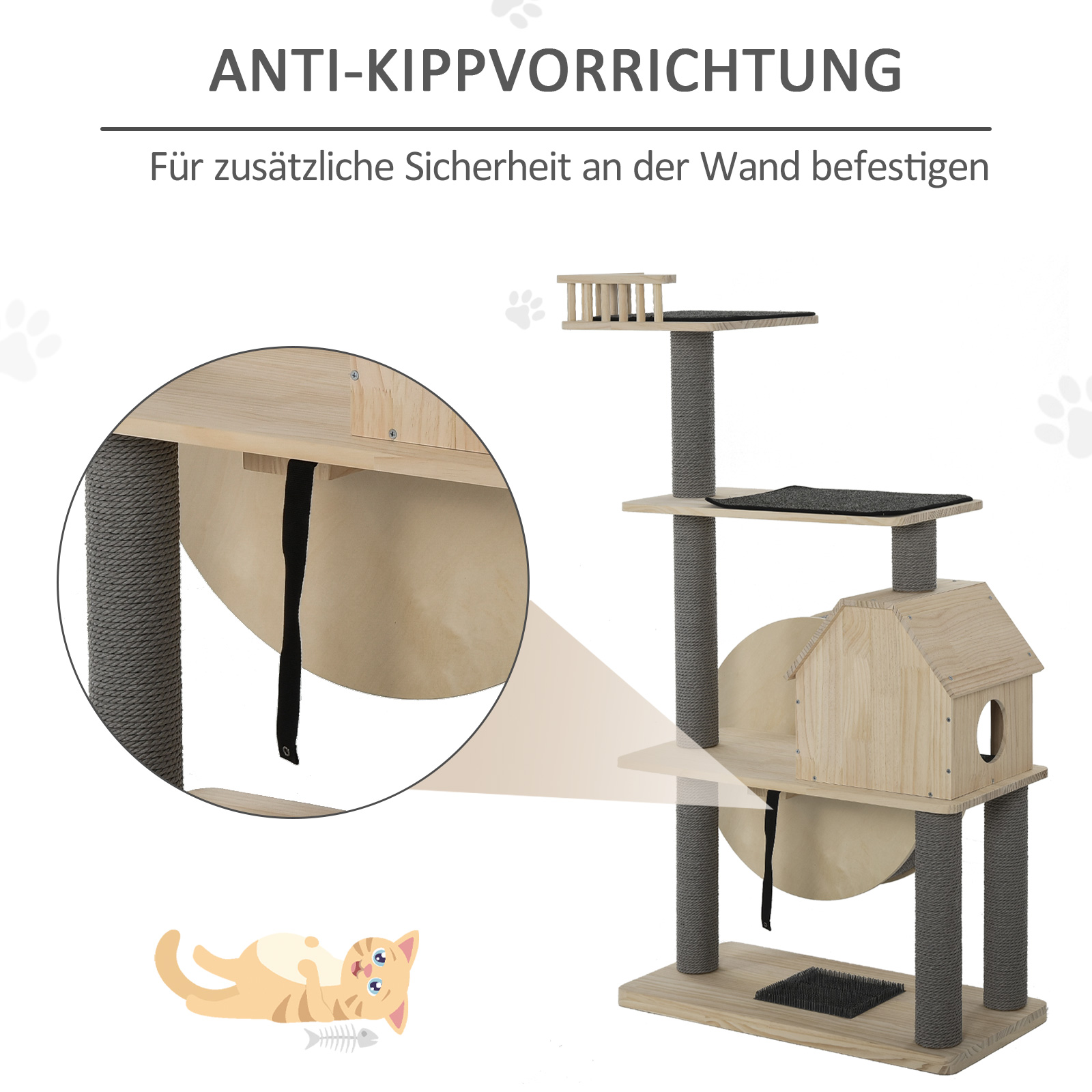 Kattenboom met loopwiel krabpaal met 4 verdiepingen kattenhuis met sisalpalen massief hout