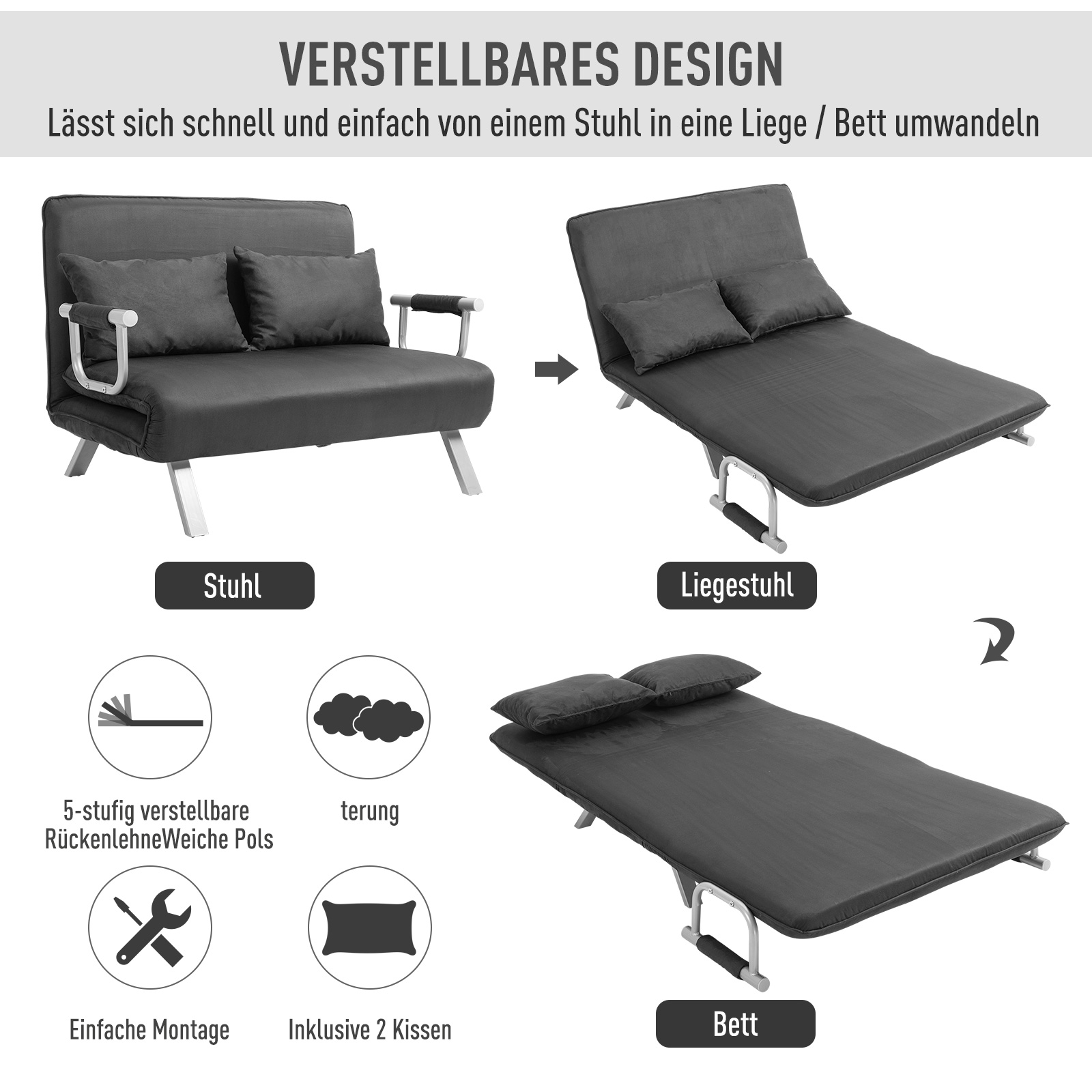 tweezits bedbank met armleuningen, 3-in-1 slaapbank, logeerbed, opvouwbare matras, opklapbed, chaise longue, multifunctioneel, imitatie-su��de grijs 105 x 80 x 78 cm