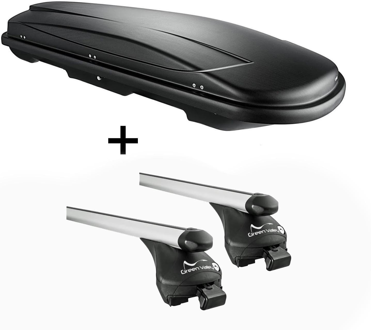 VDP Dachbox schwarz Juxt 600 großer Dachkoffer 600 Liter abschließbar + Alu-Relingträger Dachgepäckträger Quick offene Reling im Set Alu kompatibel mit Skoda Superb Kombi ab 2015