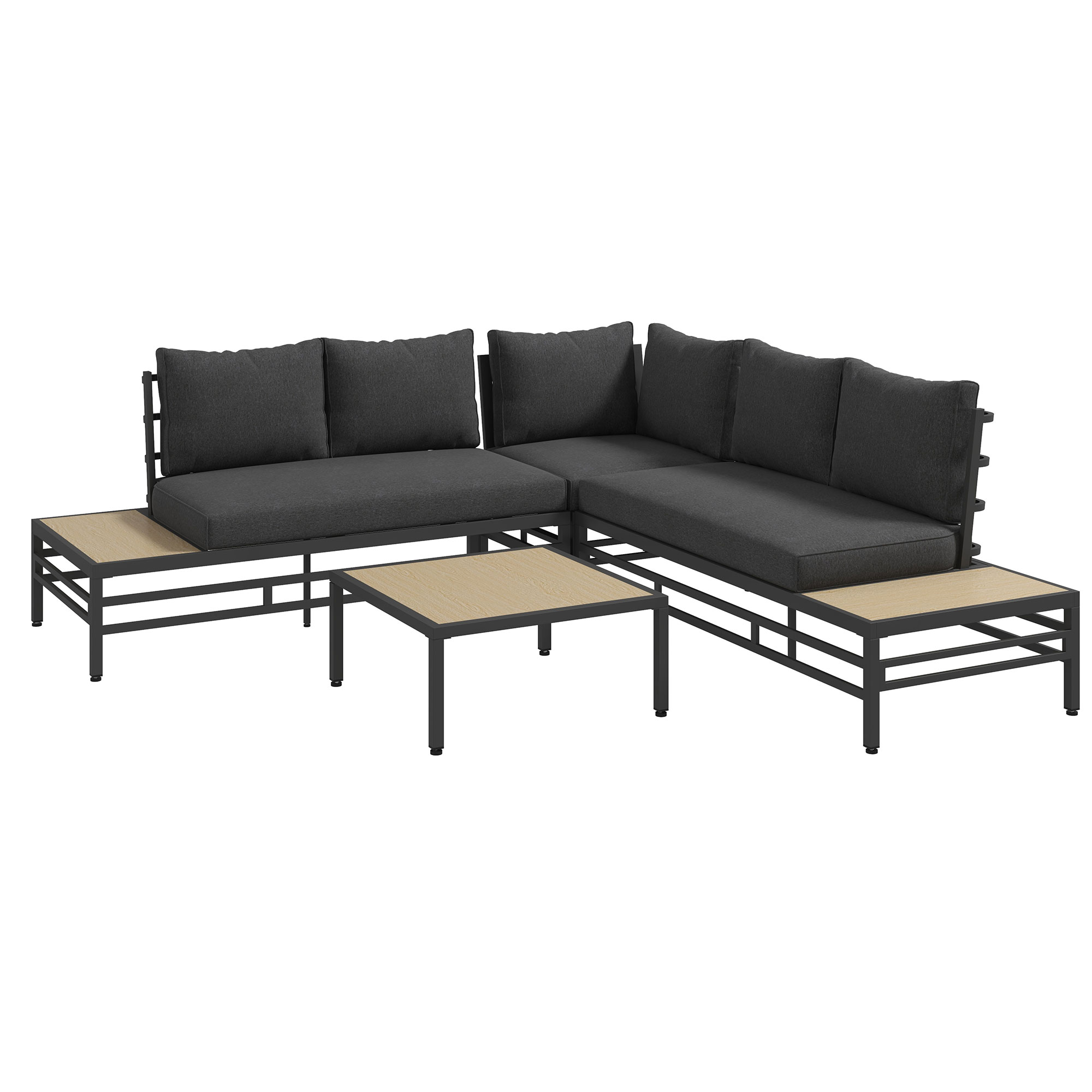 Tuinset Tuinmeubelset Lounge Set, 1 Salontafel, 2 Bijzettafels, 2 Banken, Donkergrijs + Lichtbruin + Zwart