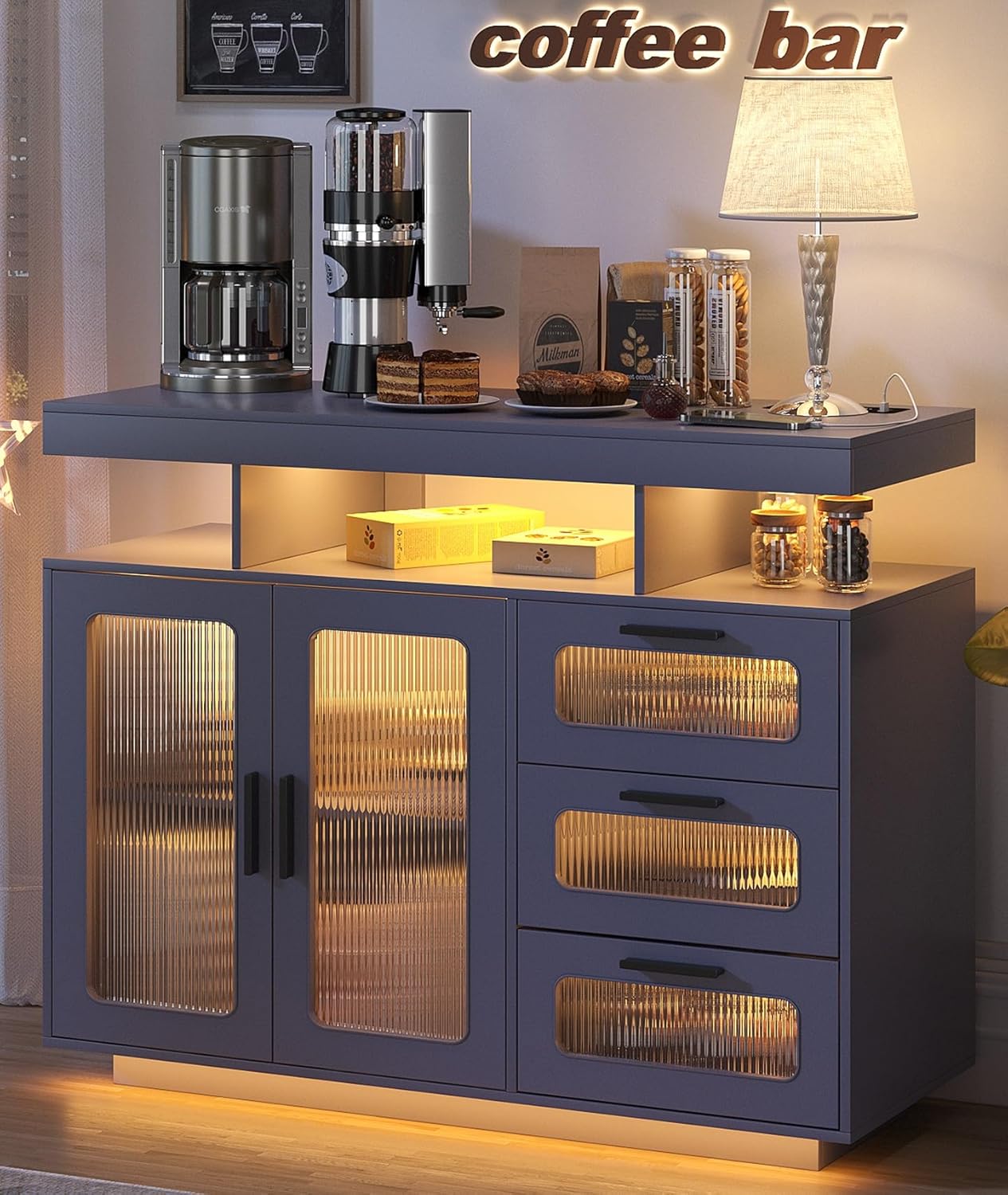 FREDEES RGB Küchenschrank mit Ladestation & LED-Beleuchtung, Sideboard Buffetschrank mit Stauraum für Küche und Esszimme, Gray