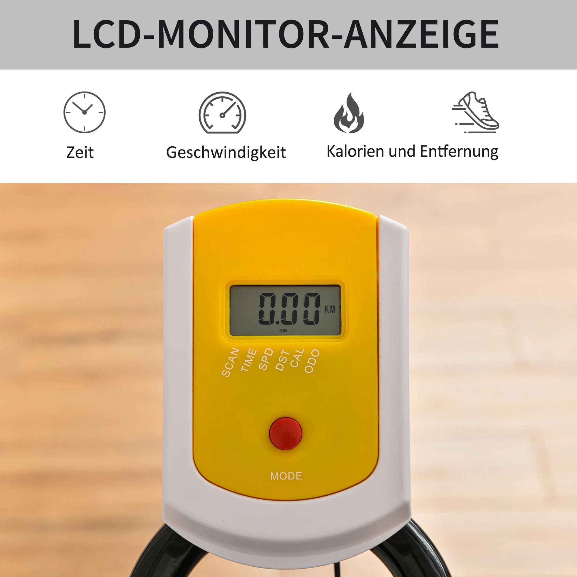fietstrainer in hoogte verstelbare hometrainer fitness fiets rollertrainer met riemaandrijving LCD display staal ABS geel + zwart 50 x 100 x 101-113 cm