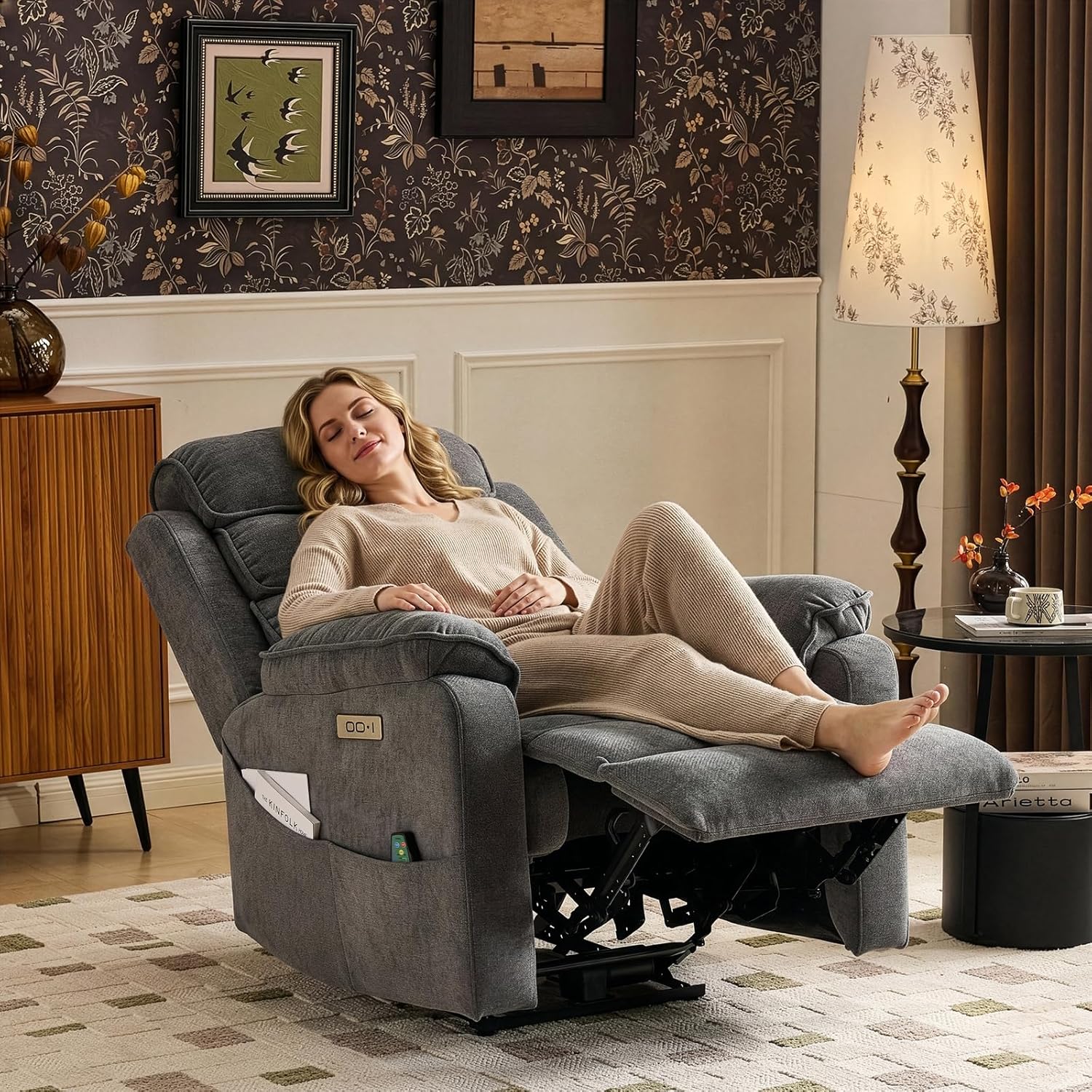 LEADZM Fernsehsessel Relaxsessel mit drahtloser Ladevorrichtung, 1 USB-Anschluss, 1 USB-C-Ladeanschluss, Liegen TV Sessel mit Massage Heizung, Getränkehalter (Dunkelgrau)