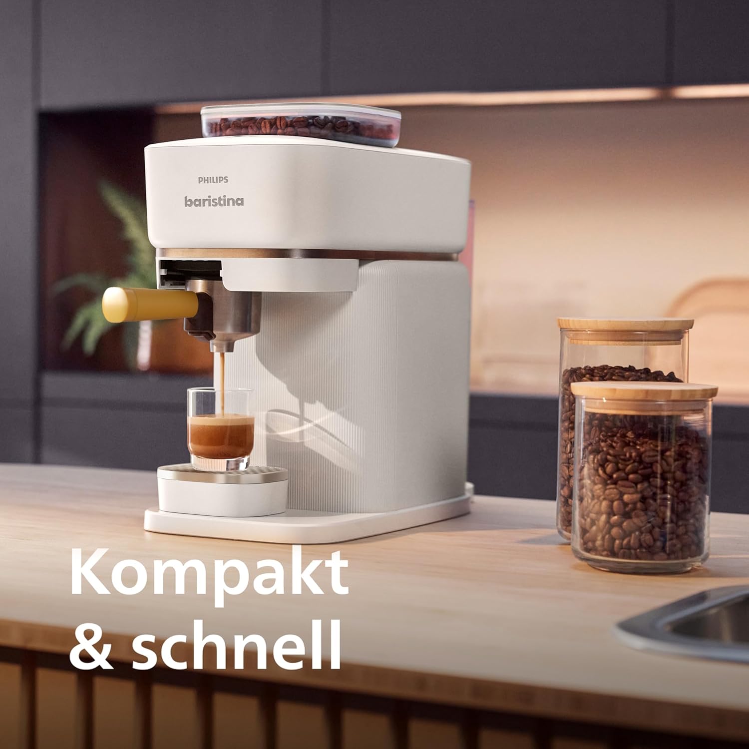 Baristina Espressomaschine – Automatisches Mahlen, Tampen & Brühen,16 Bar, Kaffeemaschine mit Mahlwerk & Siebträger, leichte Reinigung, Espresso & Café Crema, Naturweiß/Mangogelb (BAR305/03)