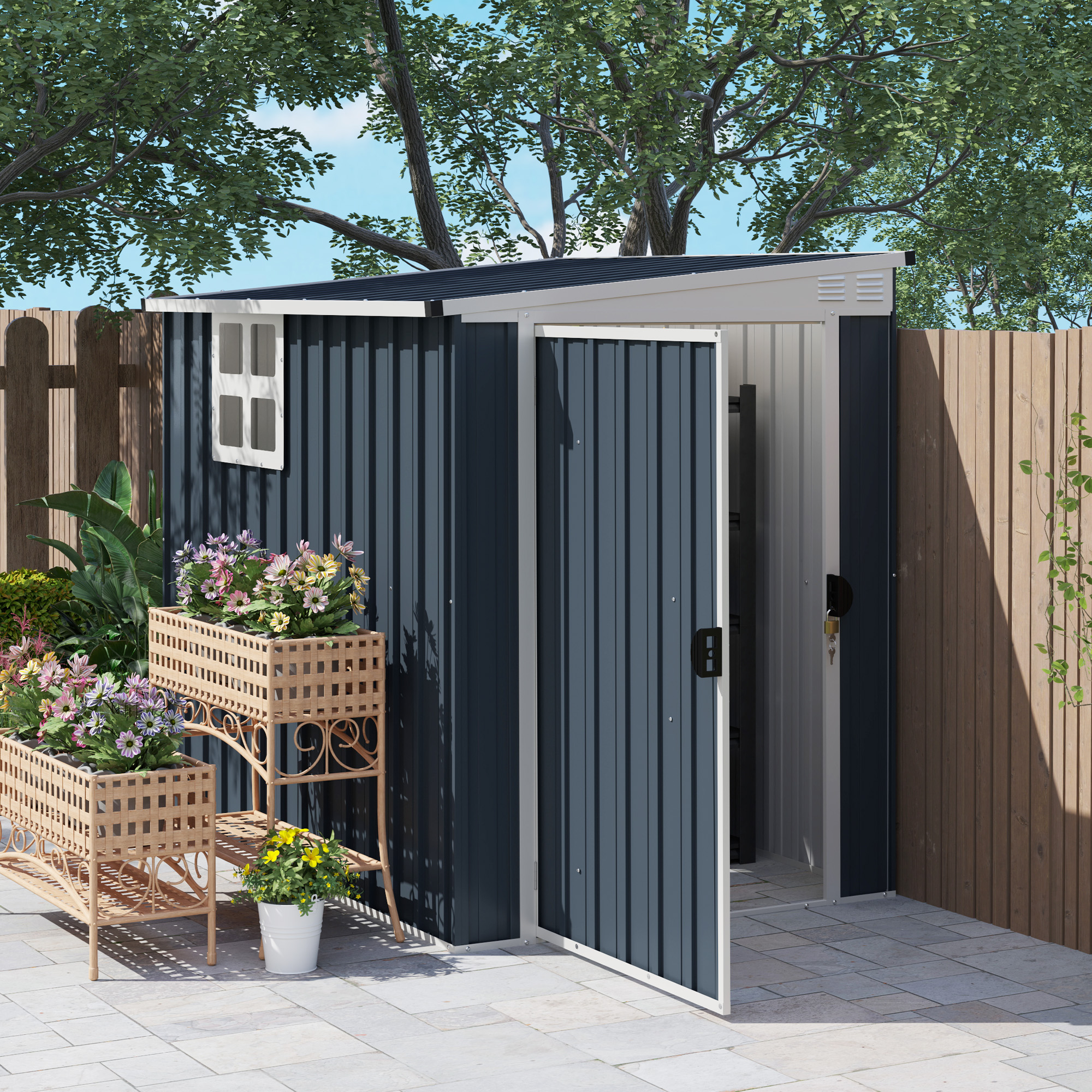 Tuinopslagschuur, Gereedschapsschuur voor Tuingereedschap, met Venster, Ventilatieopeningen, Afsluitbaar, Staal, Donkergrijs