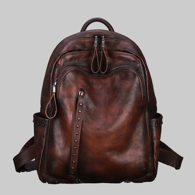 Distressed Coffee Studded Full Grain Leather Backpack School Bag