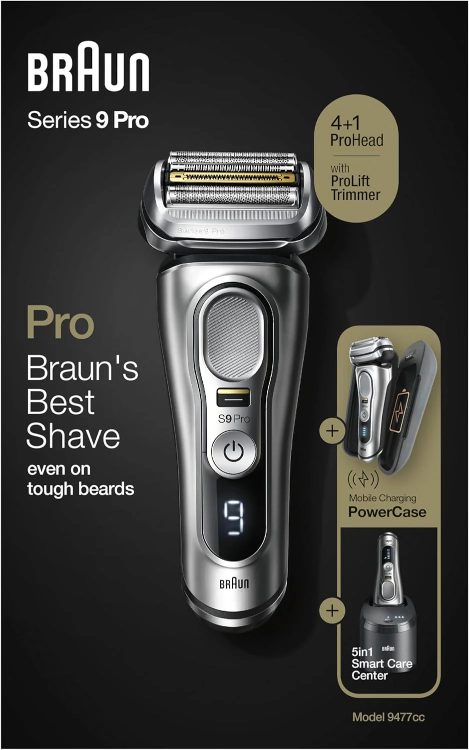Braun Series 9 Pro Premium Scheerapparaat voor heren met 4+1 scheerkop, elektrisch scheerapparaat & ProLift trimmer, PowerCase, 5-in-1 reinigingsstation, 60 min. gebruiksduur, Made in Germany, 9477cc, zilver