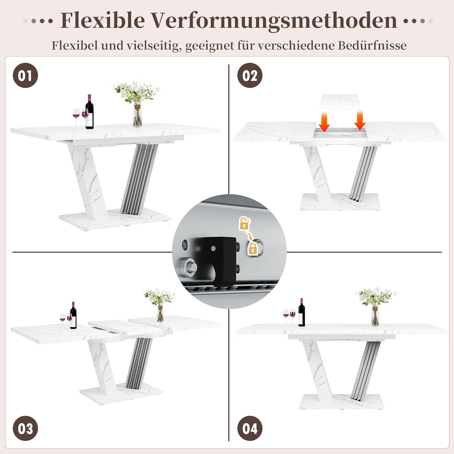 Kebnor Ausziehtisch 120-160x80x76 cm - Küchentisch mit ausziehbarem Blatt und Schmetterlings-Gestell für Küche & Wohnzimmer (Weiß)