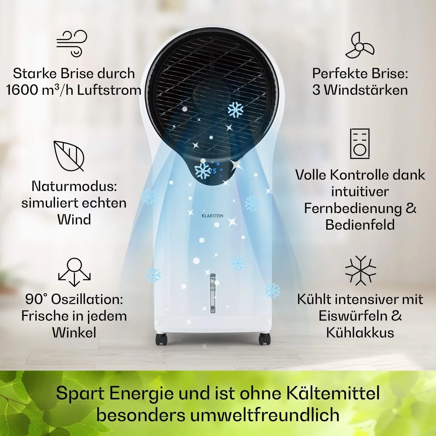 Klarstein Luchtkoeler met Waterkoeling, 3-in-1 Verdampingskoeler, Luchtbevochtiger & Ventilator, Mobiele Airconditioners Luchtkoeler met 5,5L Tank, 90W Air Cooler met Nachtmodus, 1600m3/u Luchtstroom