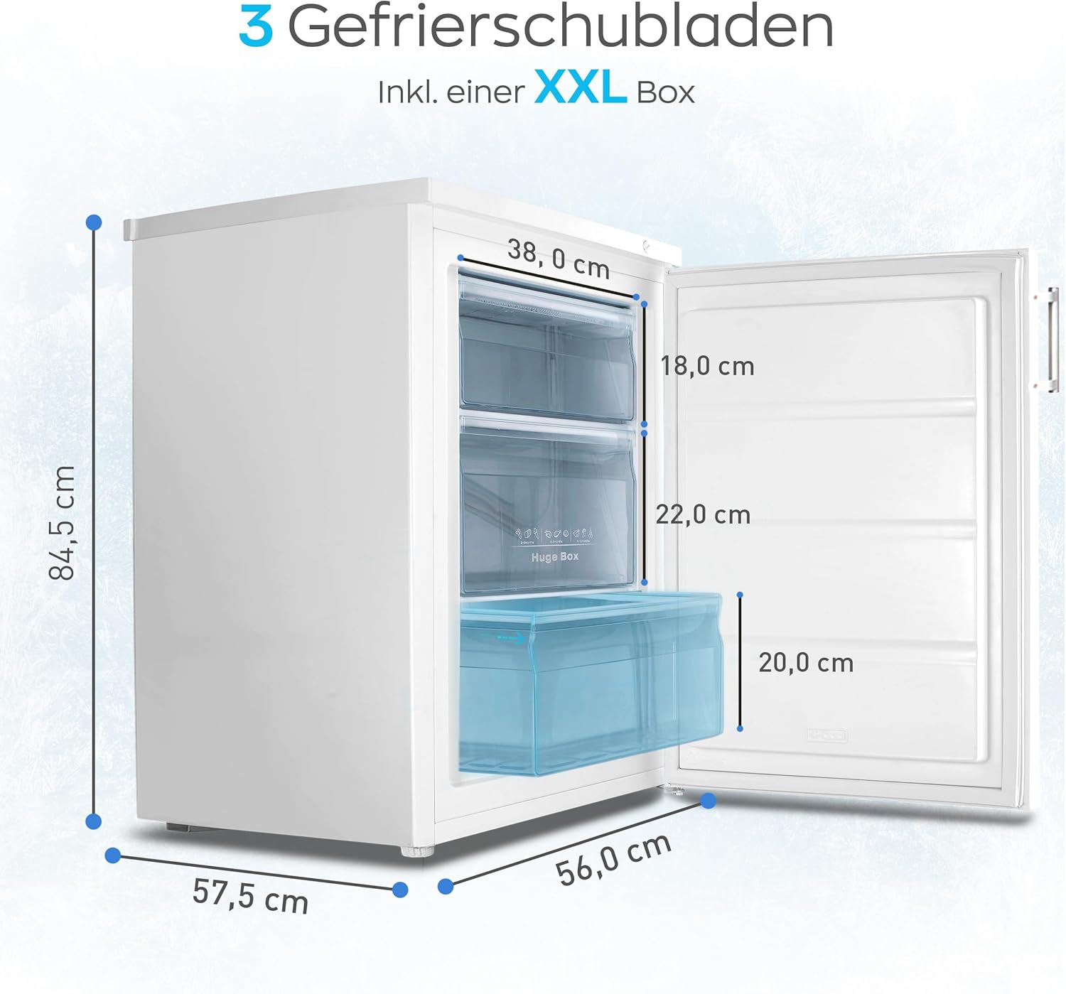Heinrich´s Gefrierschrank 61Liter -18°C Freezer, 3x Gefrierschublade, 7 Stufen Temperaturregler, Airflow, wechselbarer Türanschlag weiß