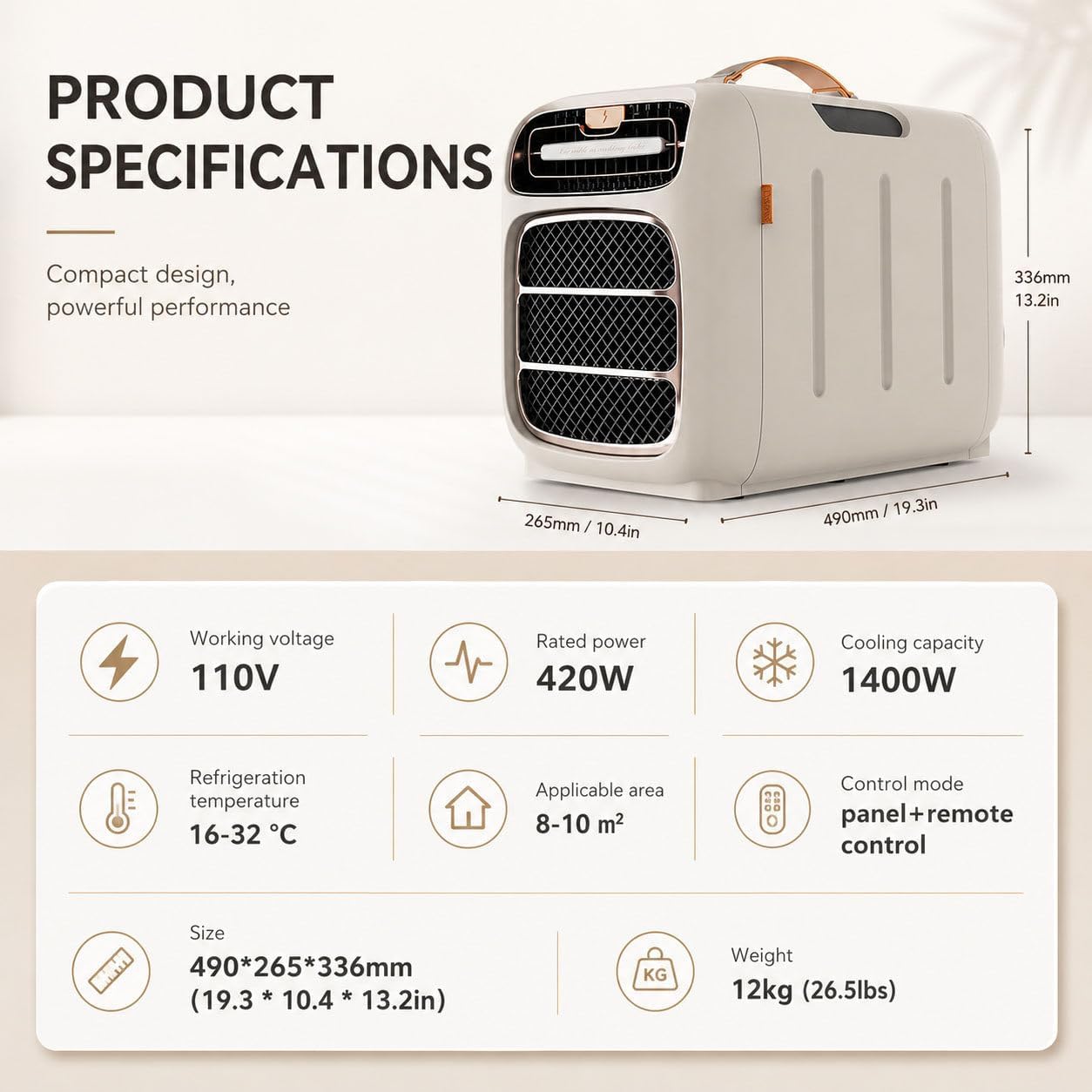 Tragbare Klimaanlage (4800 BTU) für Campingzelt und Wohnmobil,Schnellkühl-Klimagerät,420 W geringer Stromverbrauch, Luftentfeuchter, Schlafmodus,12-Stunden-Timer, Fernbedienung