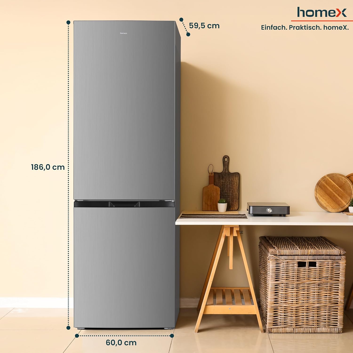 homeX Kühlschrank mit Gefrierfach, Kühl-Gefrier-Kombination freistehend, groß - 315 Liter, 4-Sterne Gefrieren, Super-Frost-Funktion, leise, EEK C, XXL Kühl Gefrierkombination silber, CFS3151C-S