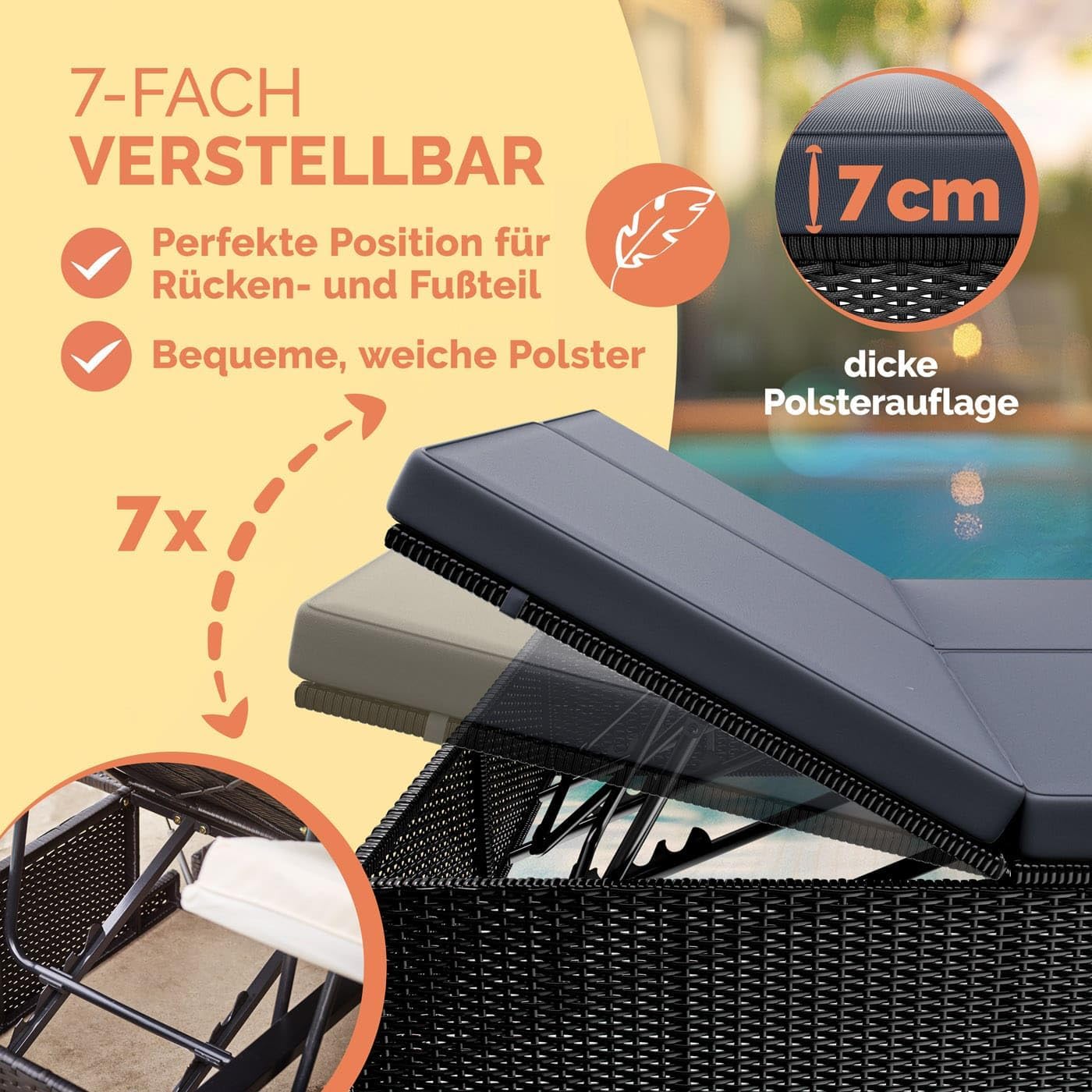 Casaria® Sonnenliege 2 Personen mit Klapptisch Gartenliege 7cm Auflagen Wetterfest 400kg Belastbar Liegestuhl Verstellbar Schwarz Anthrazit 200x115cm