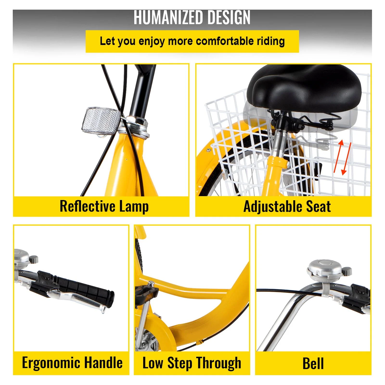 VEVOR Adult Tricycle 7 Speed Wheel Size Cruise Bike 26in Adjustable Trike with Bell, Brake System Cruiser Bicycles Large Size Basket for Shopping