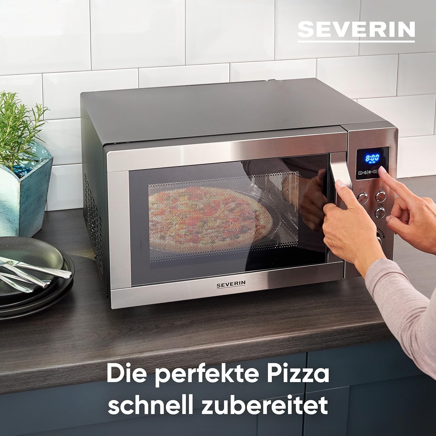 SEVERIN Mikrowelle mit Grill und Heißluftfunktion 3-in-1, zum Auftauen, Garen und Erhitzen, Mikrowelle mit Drehteller, Edelstahl-gebürstet/silber, MW 7774