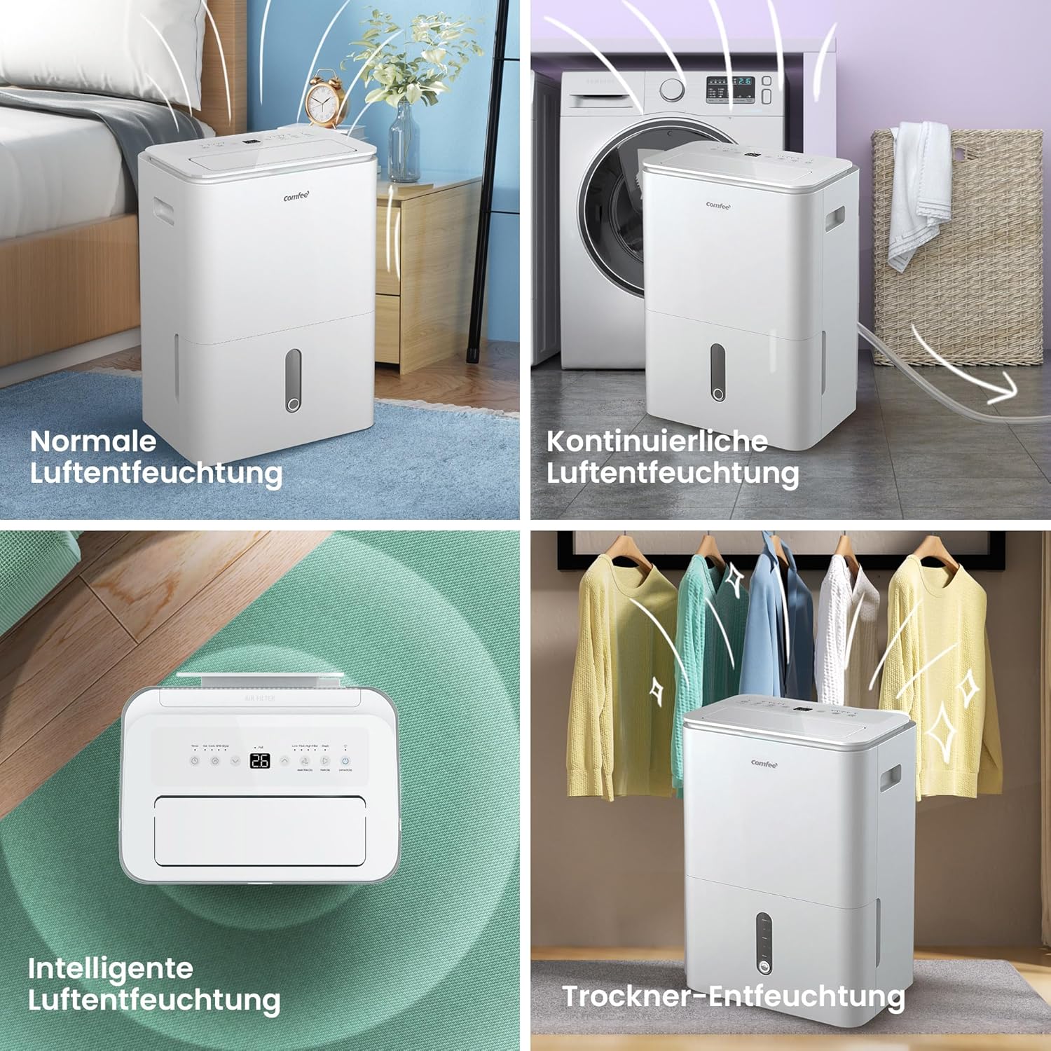 Comfee Luftentfeuchter, 30L/24h, Raumgröße ca. 180m³(80m²), Intelligenter Entfeuchtermodus, 24H Timer, Wassertank 3L, MDDP-30DEN7