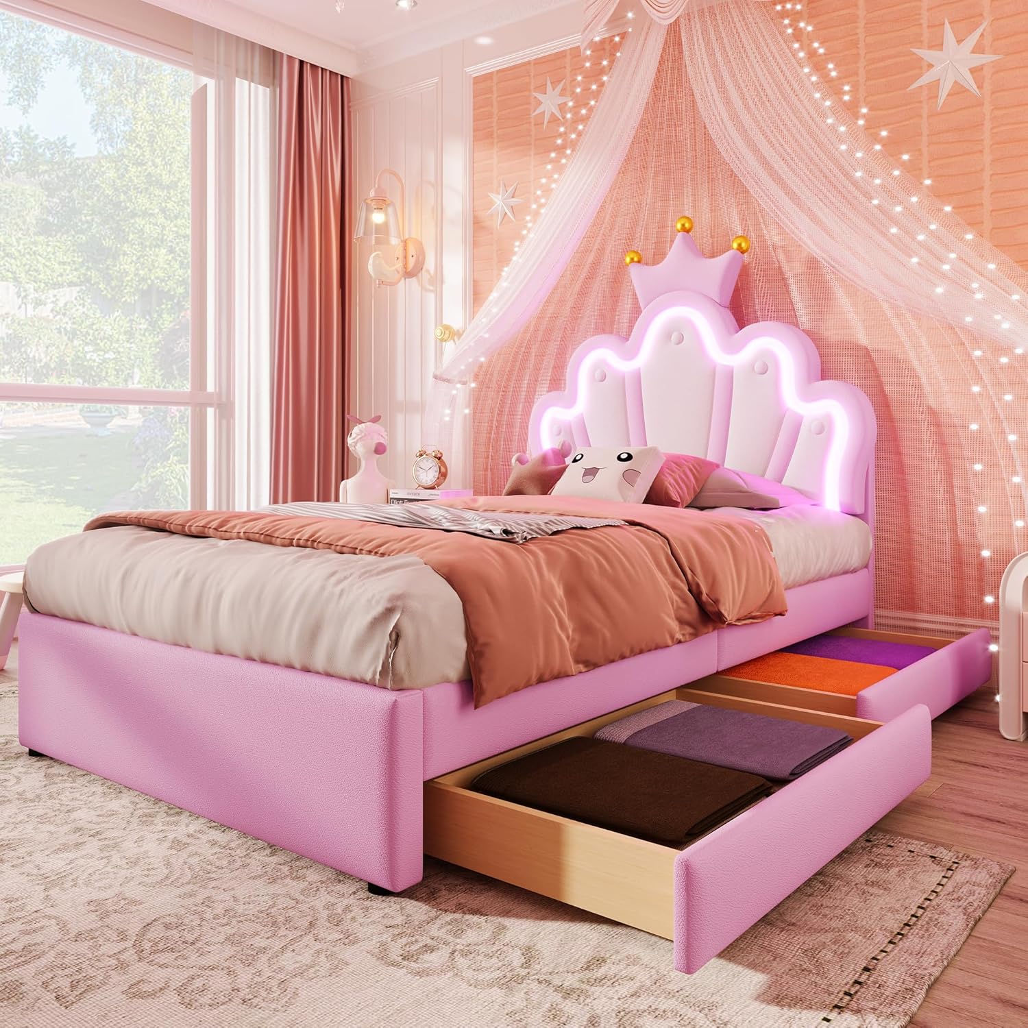 Kinderbett Polsterbett 90x200, Kronenförmiges Prinzessinnenbett, Einzelbett mit LED und 2 Schubladen, Bettgestell für Mädchen, mit Verstellbares Kopfteil, PU-Leder, Rosa, ohne Matratze