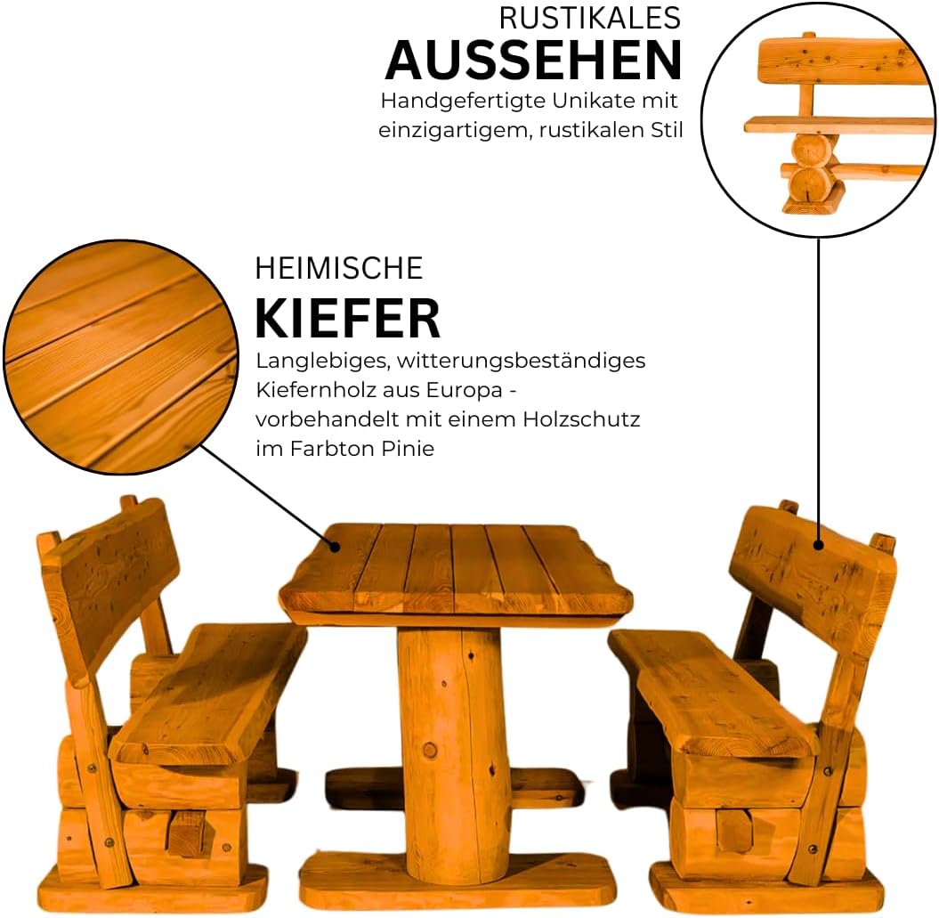 Massive rustikale Sitzgarnitur - Gartengarnitur - Aus heimischer Kiefer - Mit Holzschutzlasur behandelt (200 cm)