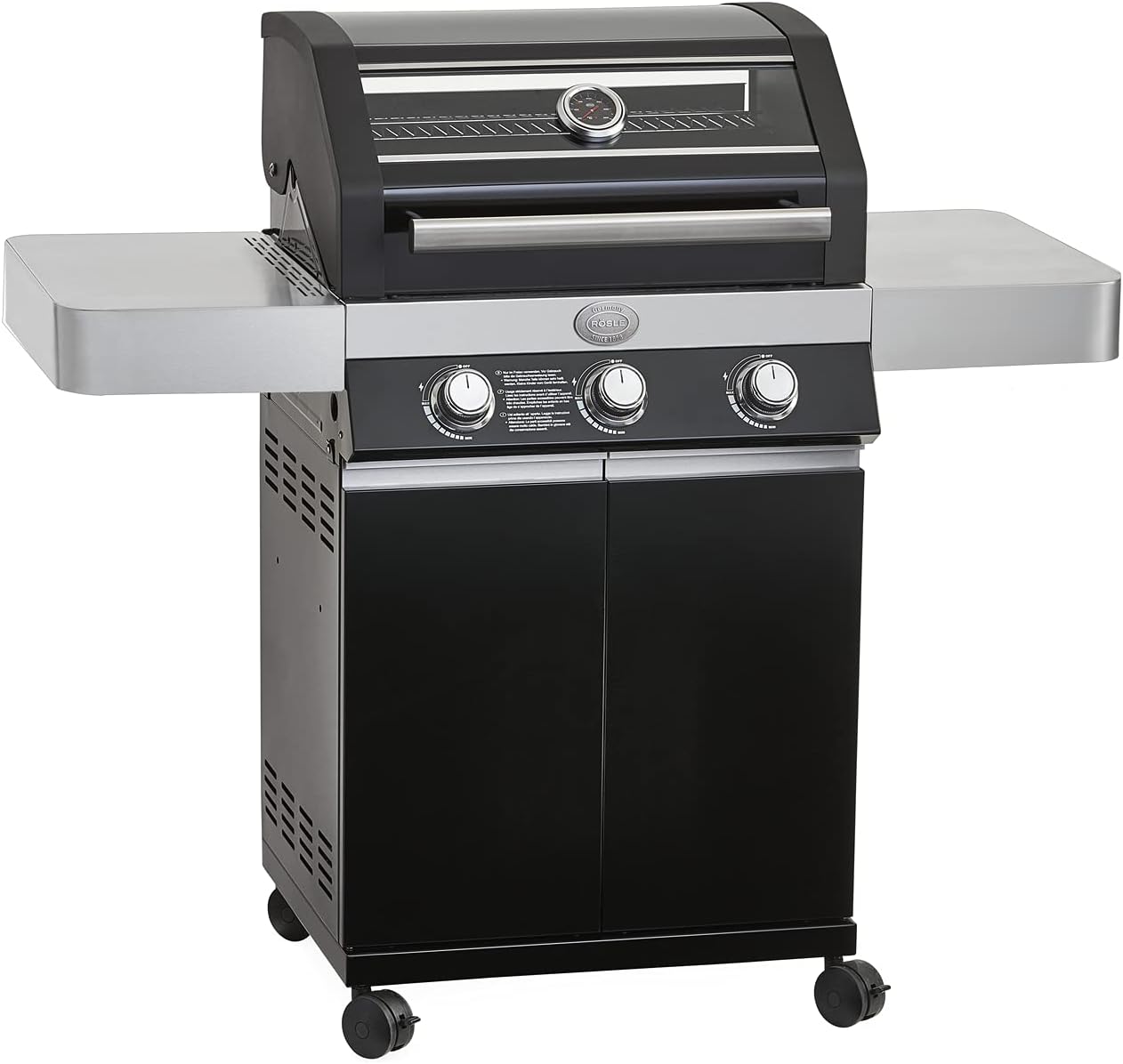 RÖSLE Elektrogrill BBQ-Portable Videro E2-P, tragbarer Tischgrill mit 2 Brennern, Warmhalterost und Deckel mit Glaseinsatz, pulverbeschichteter Stahl, schwarz/silbern