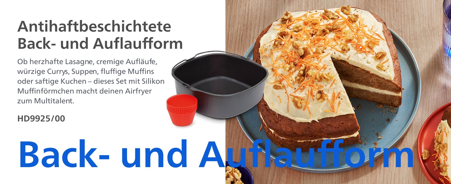 Der Text lautet „Back- und Auflaufform“ und „Antihaftbeschichtete“. Die Produktbilder zeigen eine antihaftbeschichtete Backform mit zubereiteten Speisen.