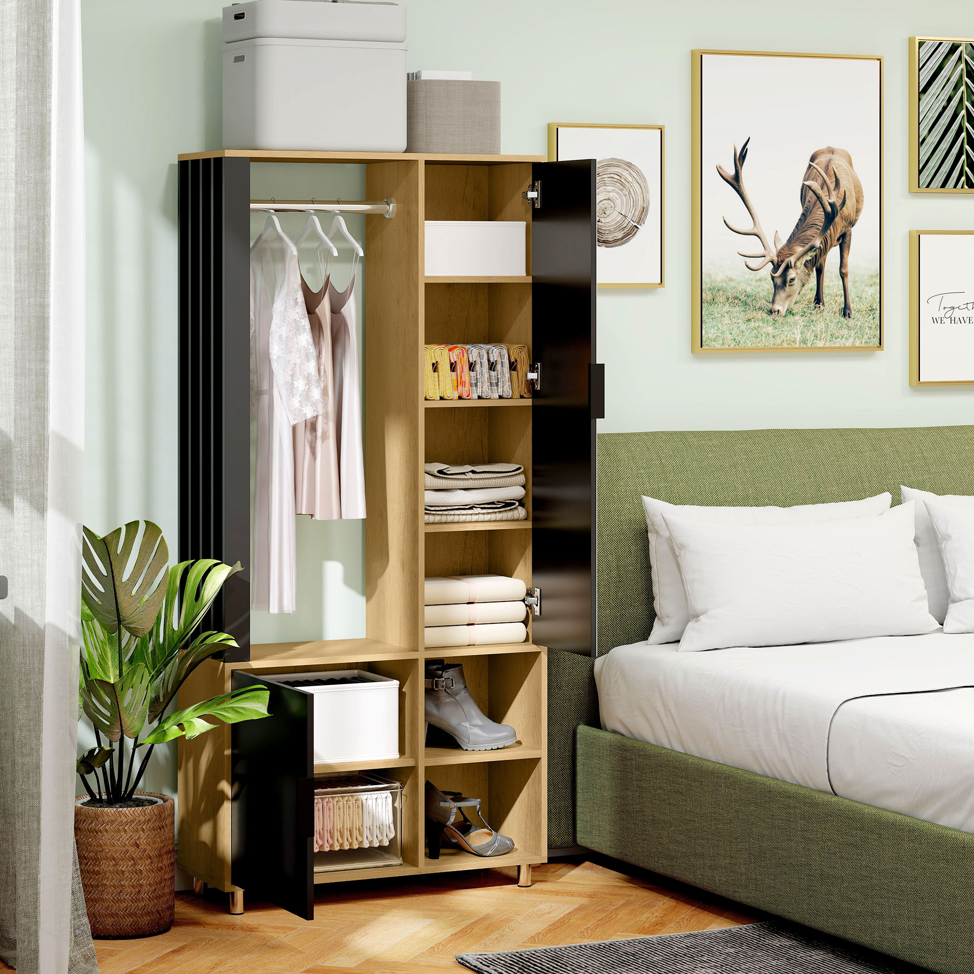 Kast met Spiegel en Kledingstang, Opbergruimten, Open Opbergruimtes, Natuurlijk hout, Zwart