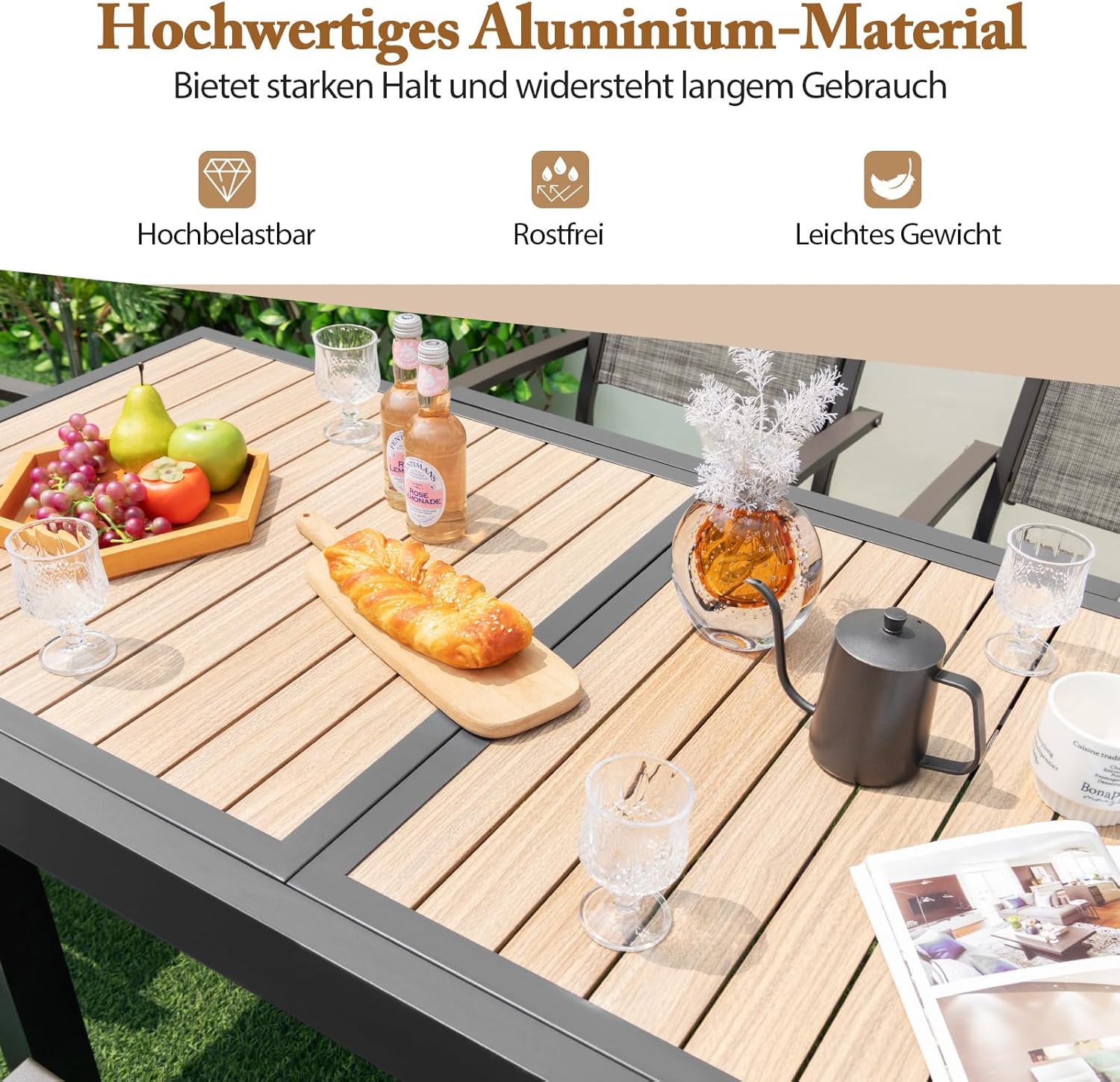 COSTWAY Gartentisch Aluminium ausziehbar, 80/160x80cm, wetterfester Esstisch mit Tischplatte in Holzoptik, rechteckiger Terrassentisch für 4-6 Personen, Ausziehtisch für Garten, Terrasse